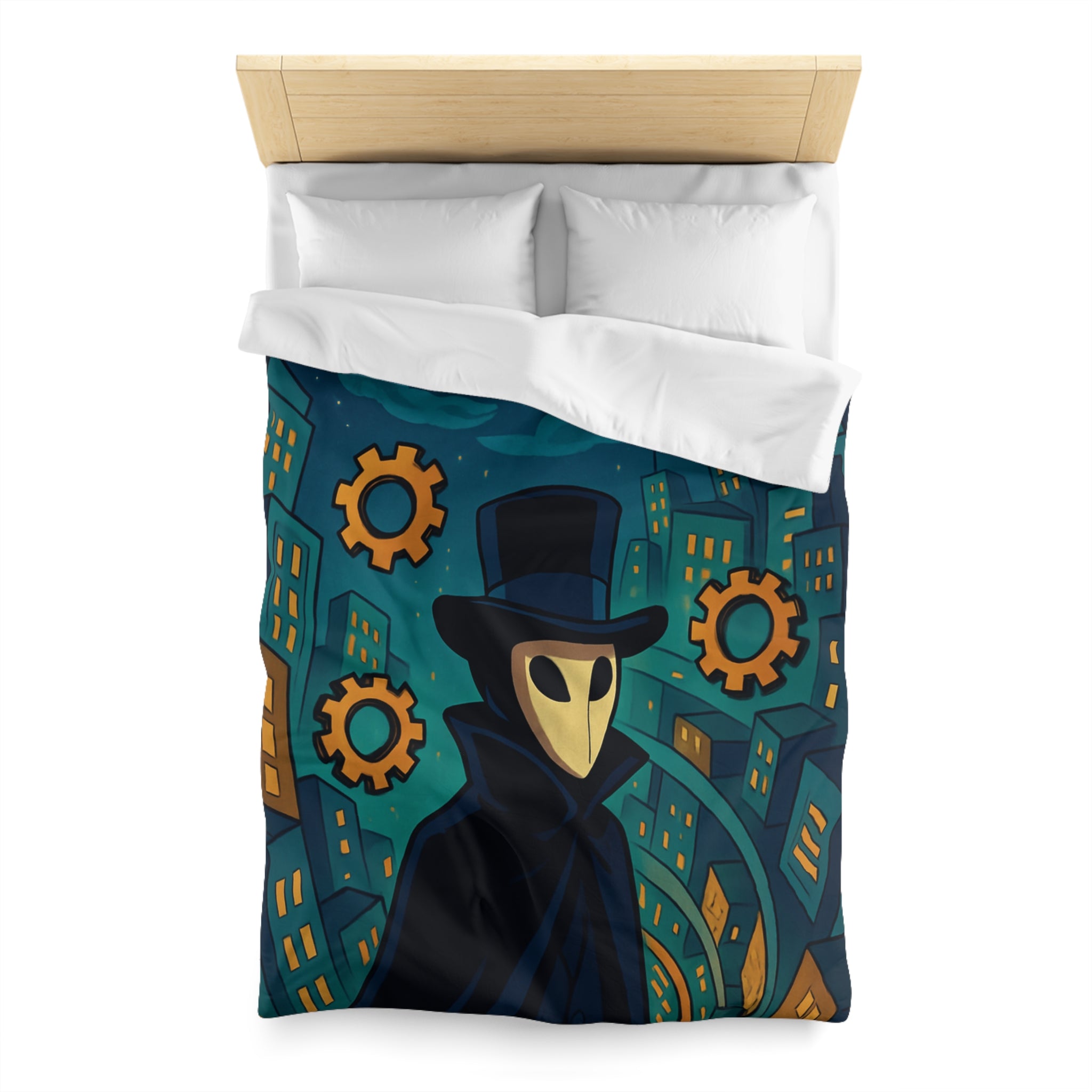 Housse de couette mystérieuse avec personnage masqué, engrenages dorés et ville nocturne