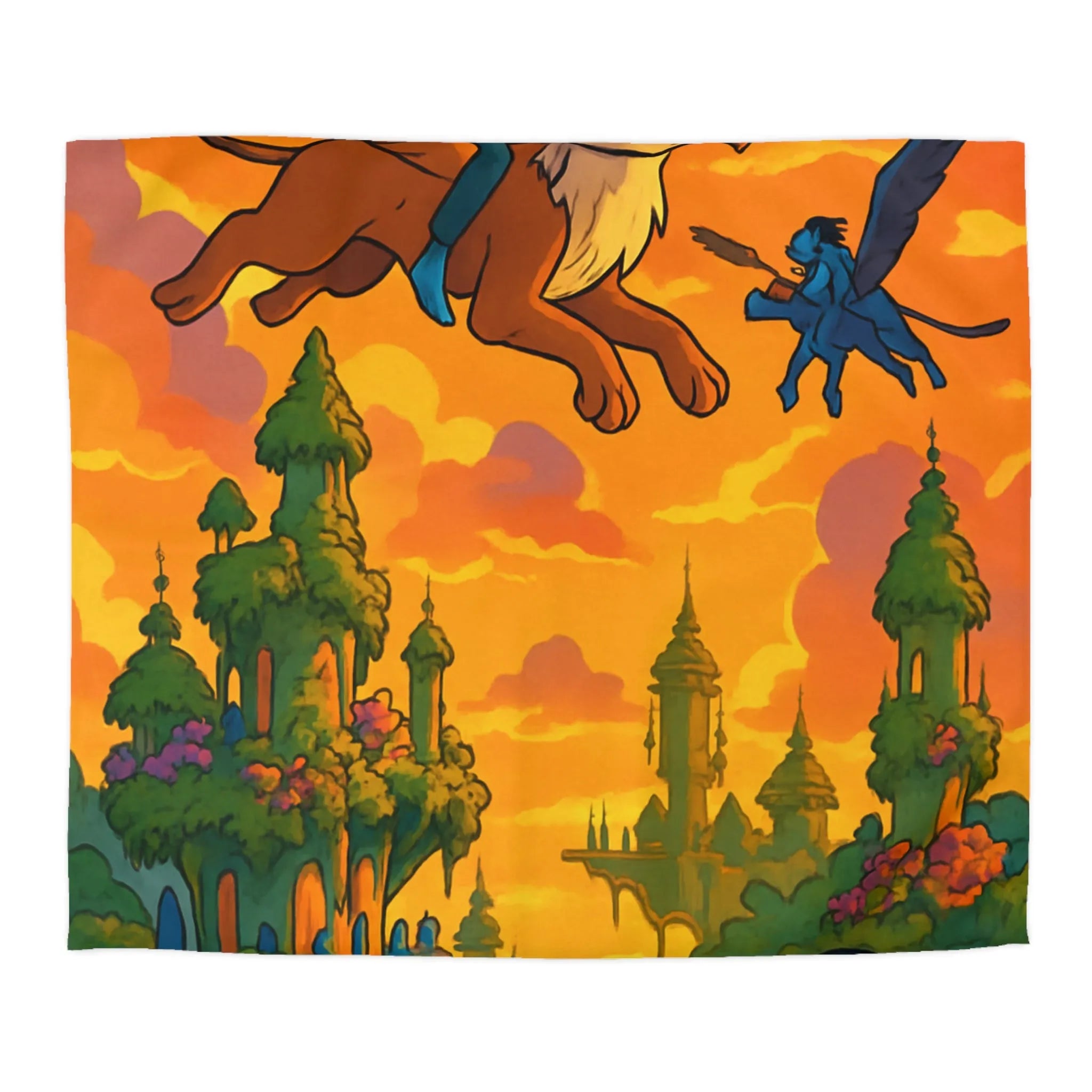 Housse de couette magique avec créatures volantes et paysage fantastique au coucher du soleil