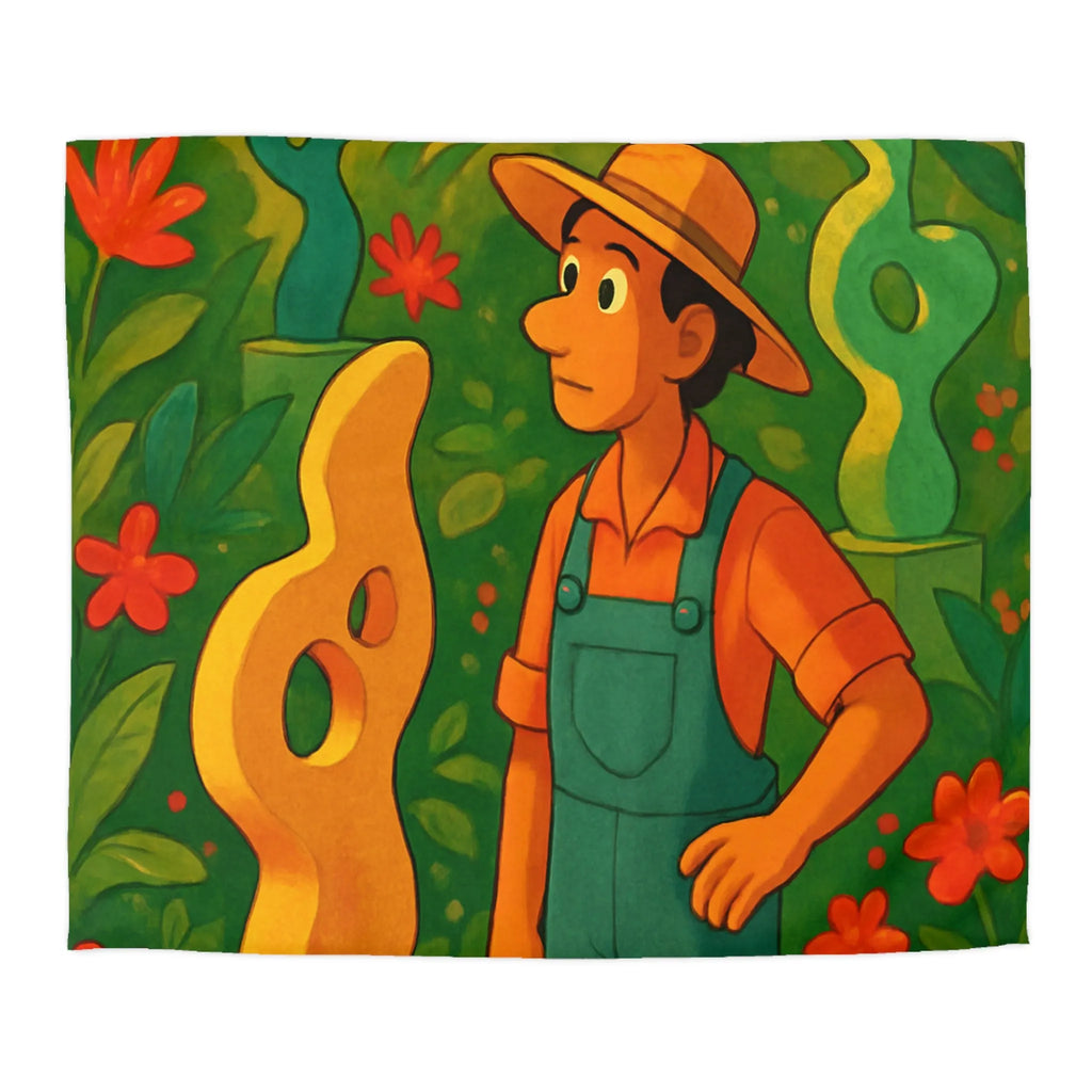 Housse de couette jardin vibrant avec sculptures et fleurs tropicales ambiance artistique