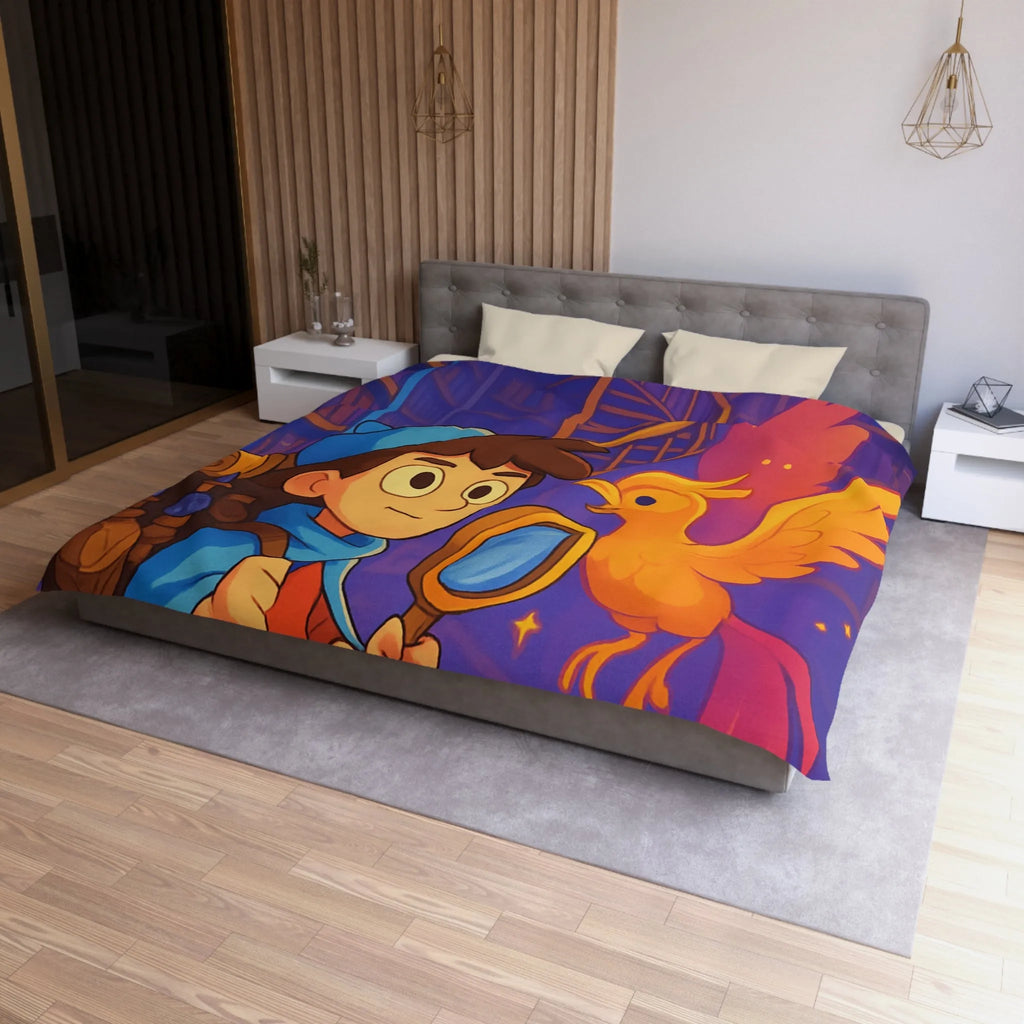 Housse de couette magique avec détective et phénix dans une bibliothèque enchanteresse