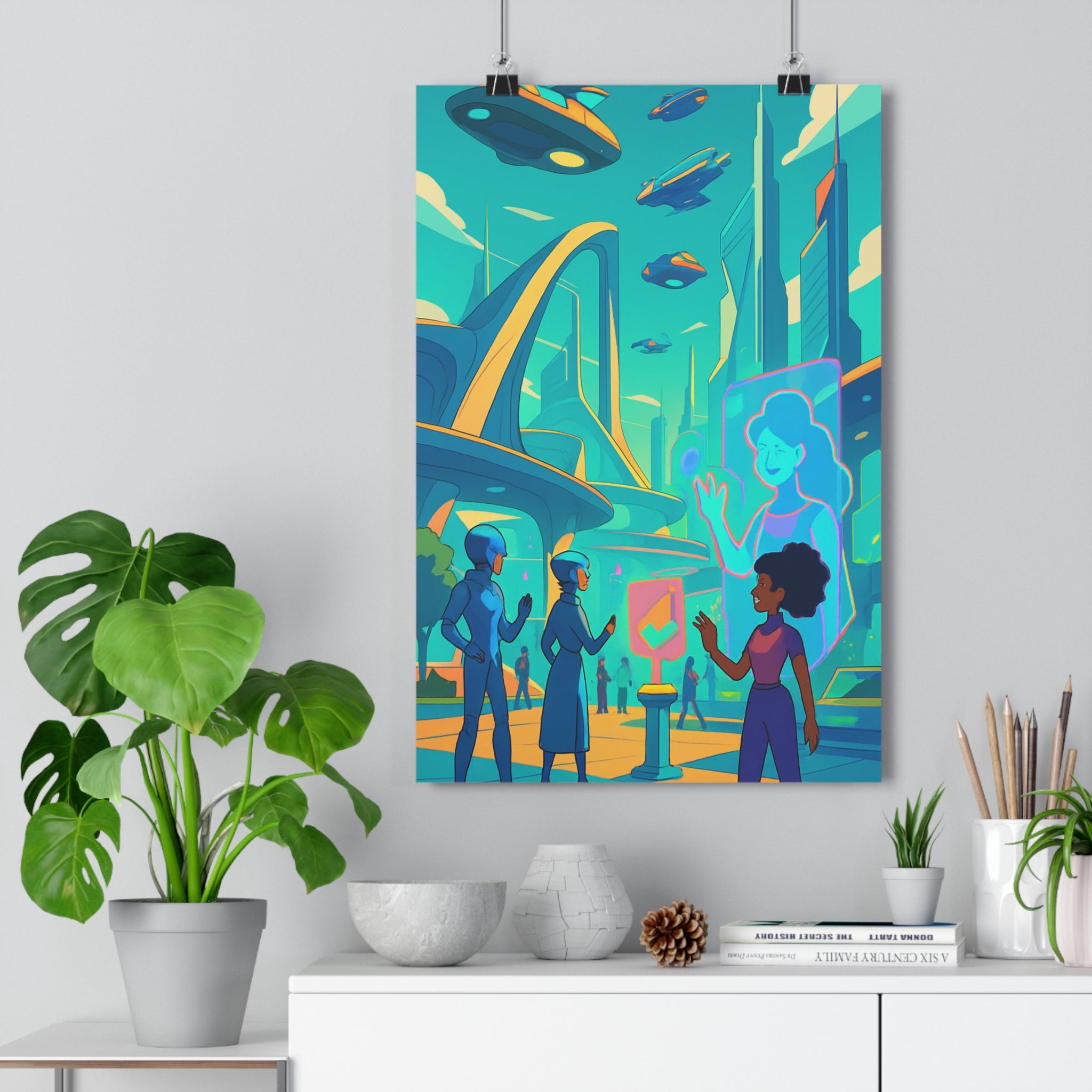 Poster décoratif cartoon futuriste néon bleu vert orange bureau chambre enfant dynamique moderne 30x46