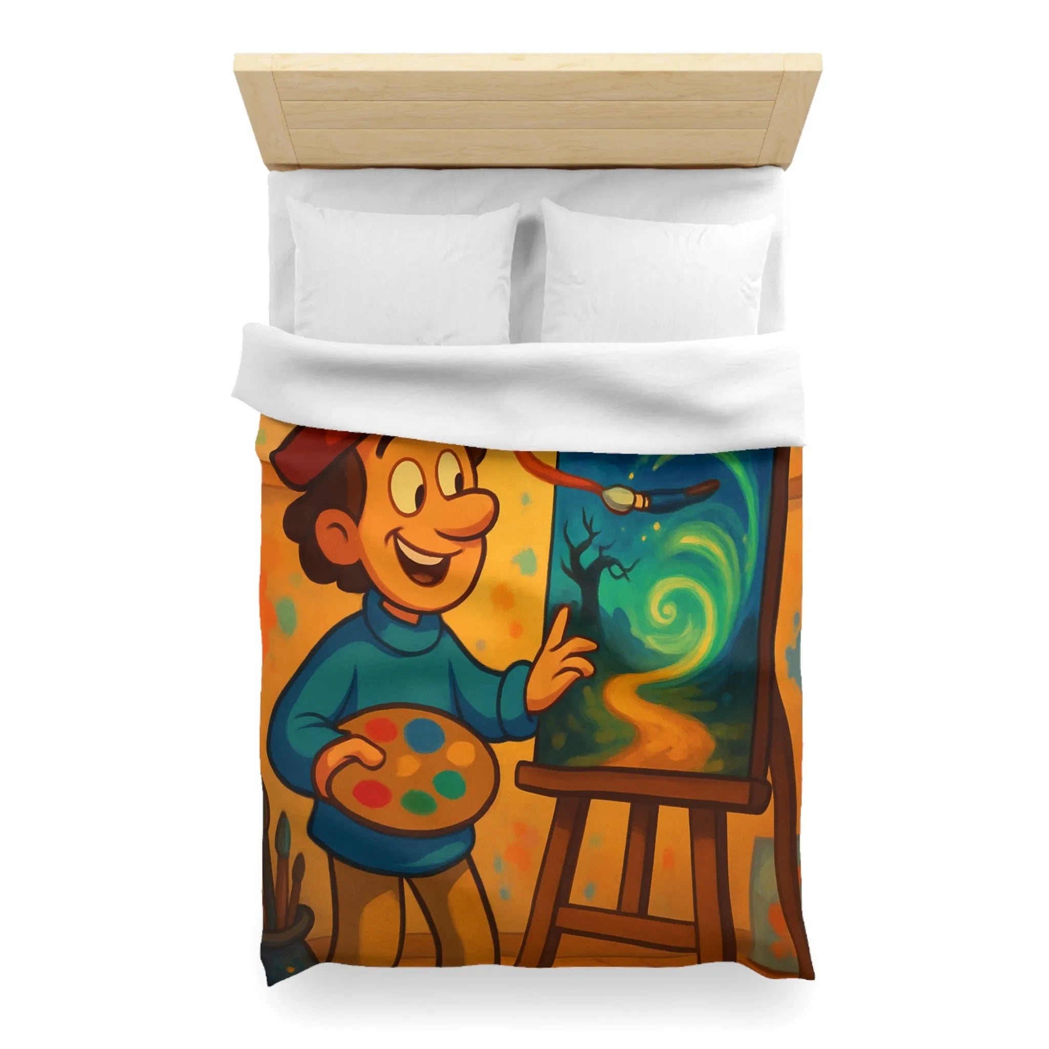 Housse de Couette Colorée avec Peintre Joyeux et Peinture Tourbillonnante Étoilée et Mystique