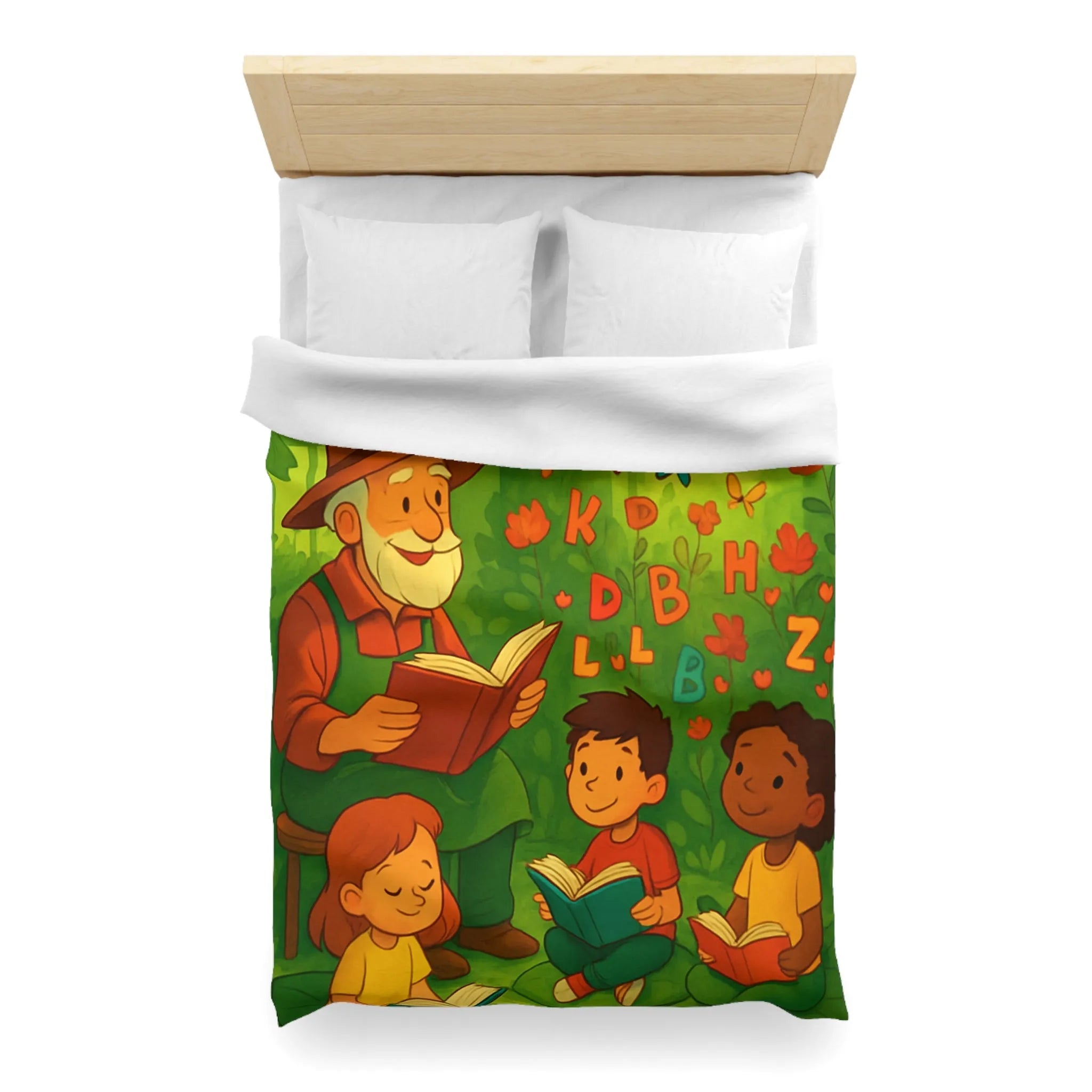 Housse de couette éducative avec scène de lecture, papillons et nature verdoyante