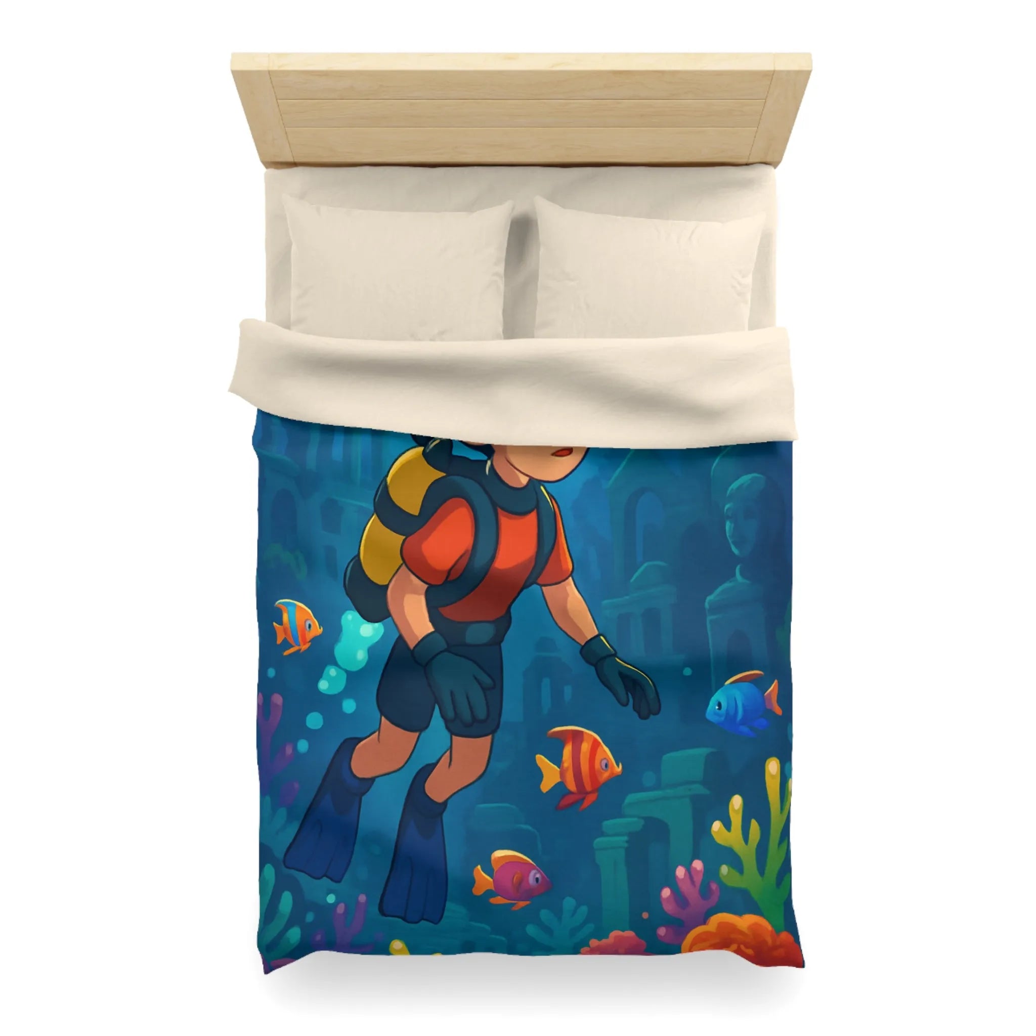 Housse de couette colorée avec plongeur et ruines sous-marines, poissons tropicaux vibrants