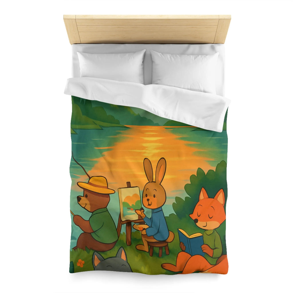 Housse de couette animaux amis au bord du lac avec coucher de soleil serein