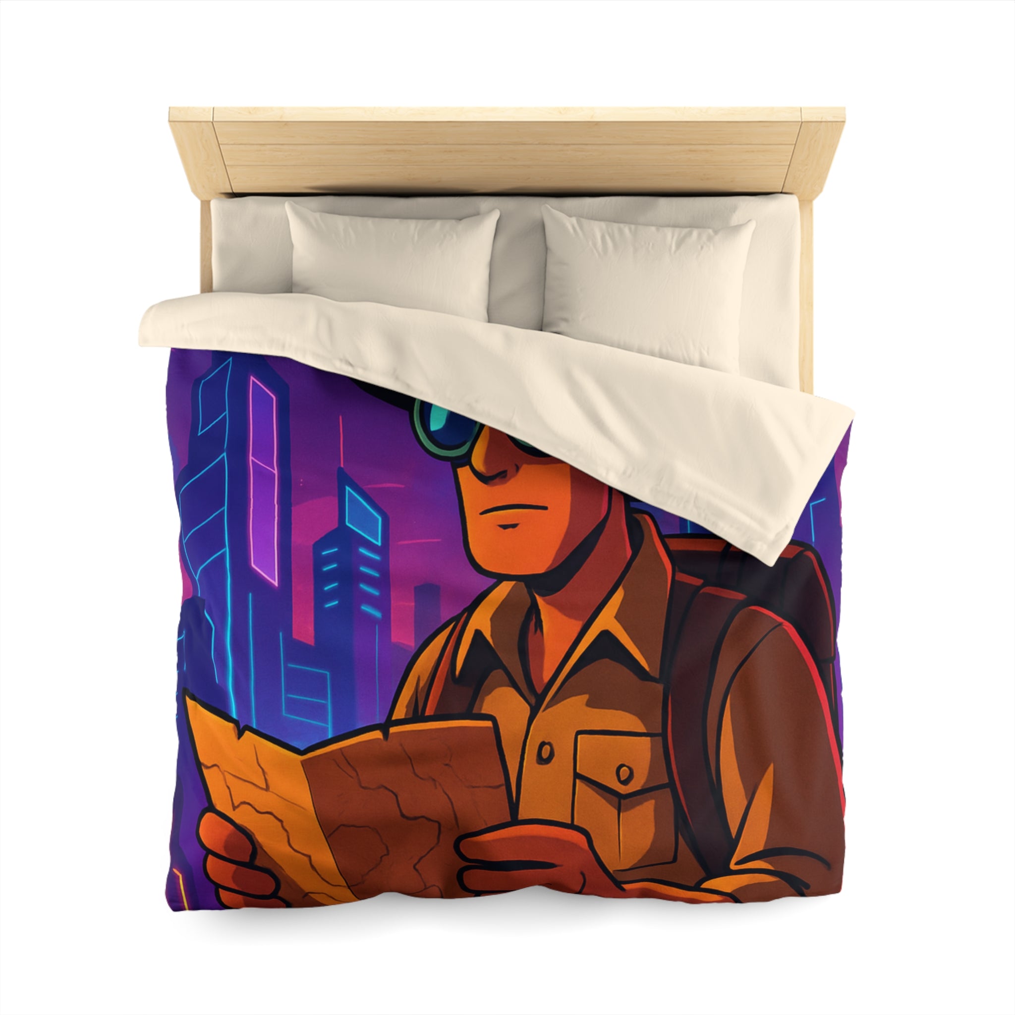 Housse de couette rétro futuriste avec explorateur urbain et voiture volante néon