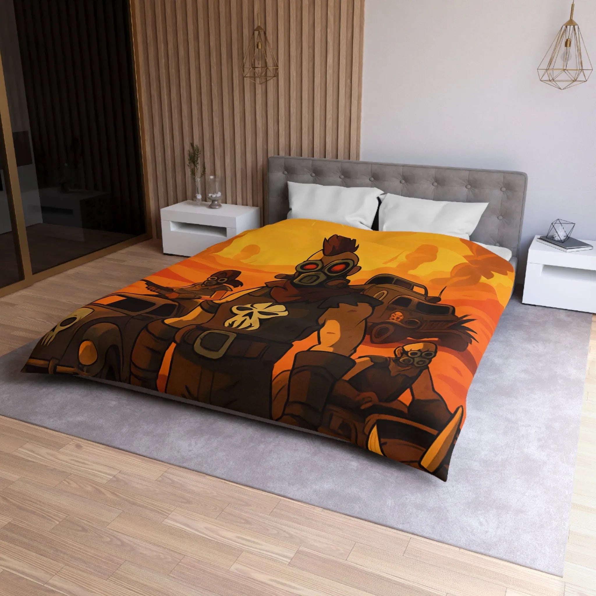 Housse de couette design post-apocalyptique avec guerriers masqués dans désert ensoleillé