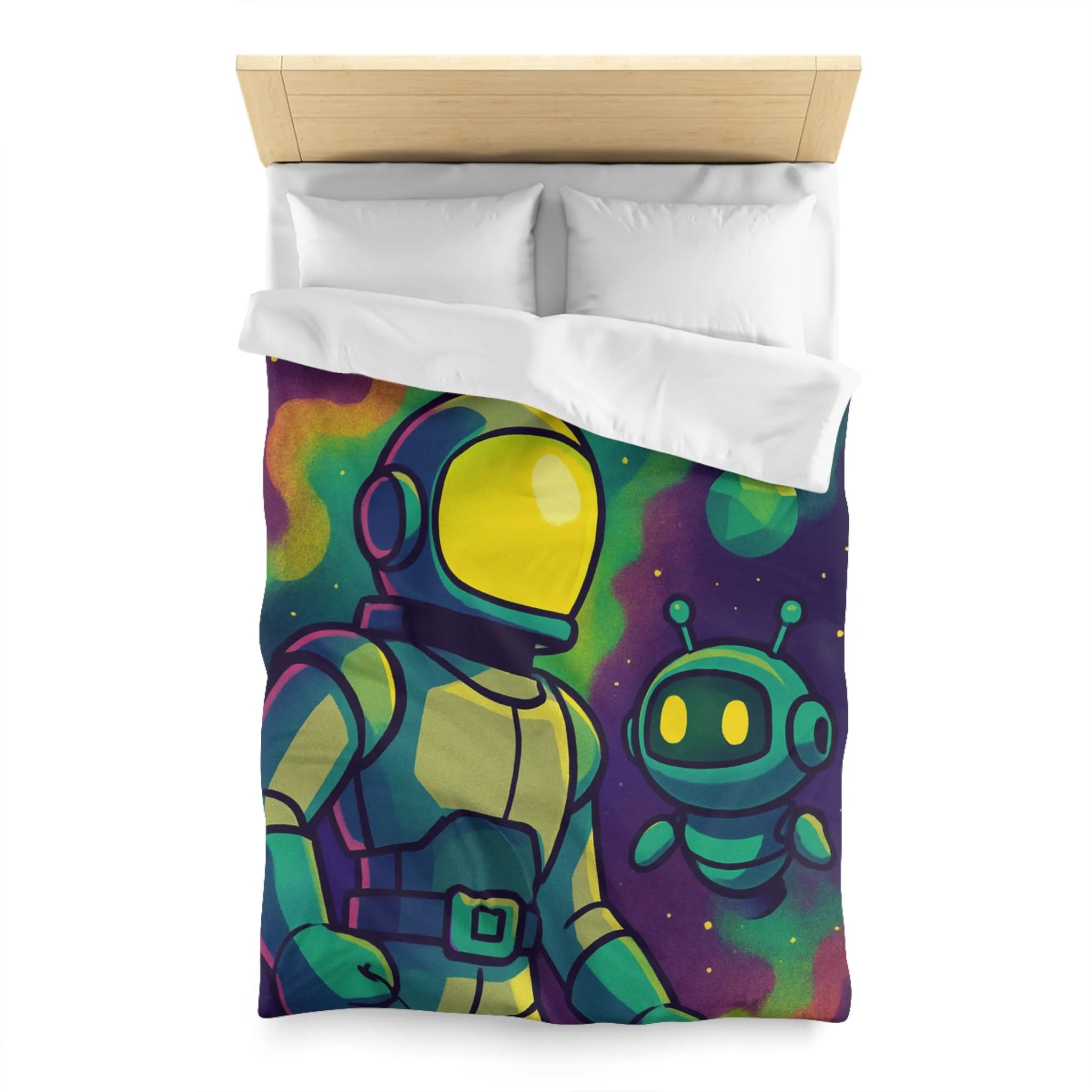 Housse de couette enfant espace avec cosmonaute et robot mignon en couleurs vives