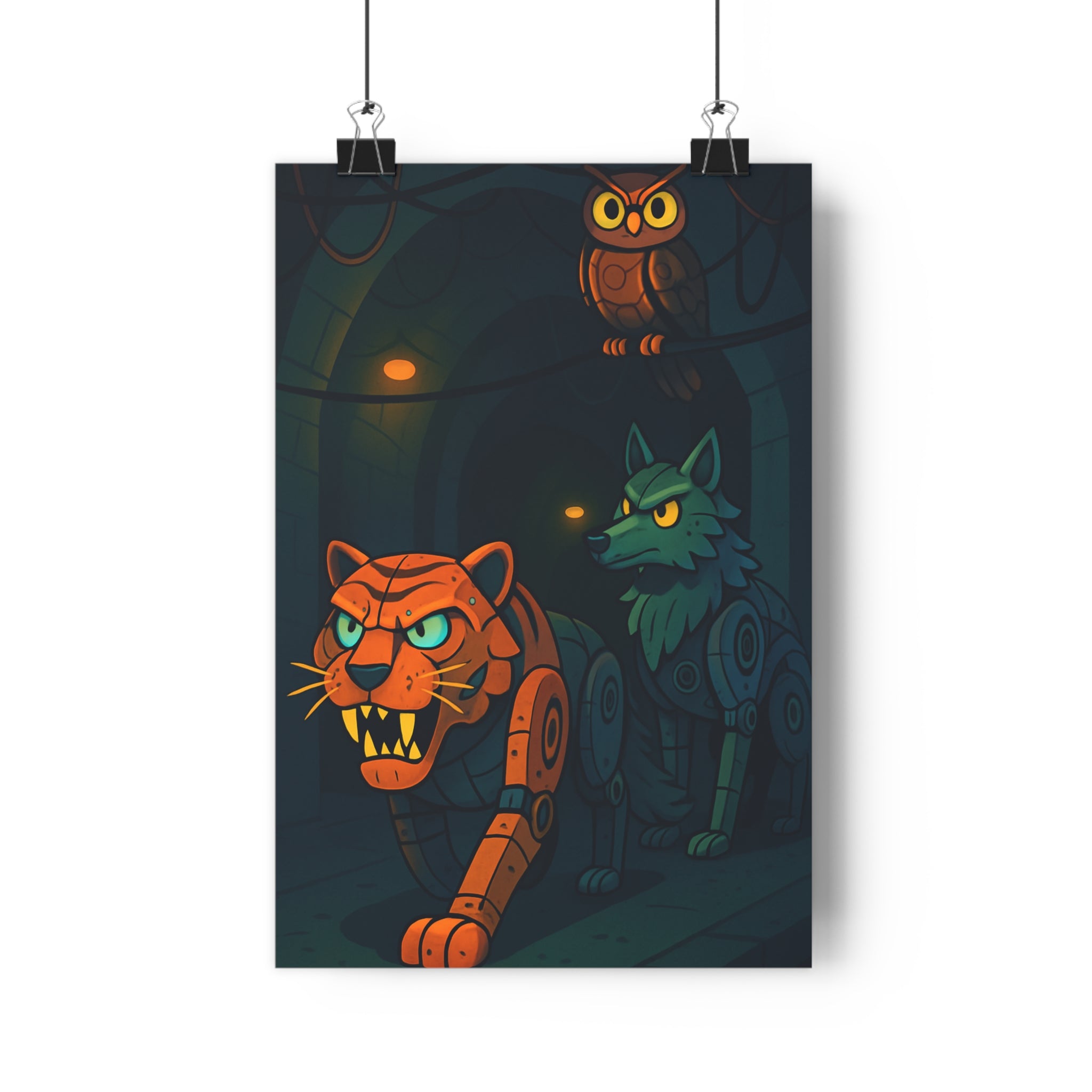 Poster décoratif sombre mécanique tigre loup hibou intrigant chambre gamer moderne design captivant unique