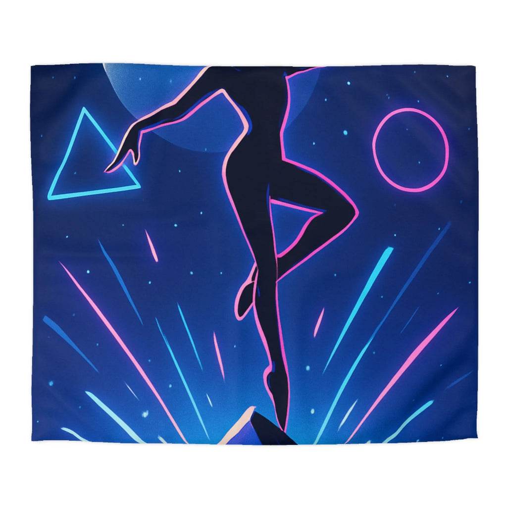 Housse de Couette Étoilée avec Silhouette Danseuse et Formes Géométriques Néon dans le Ciel