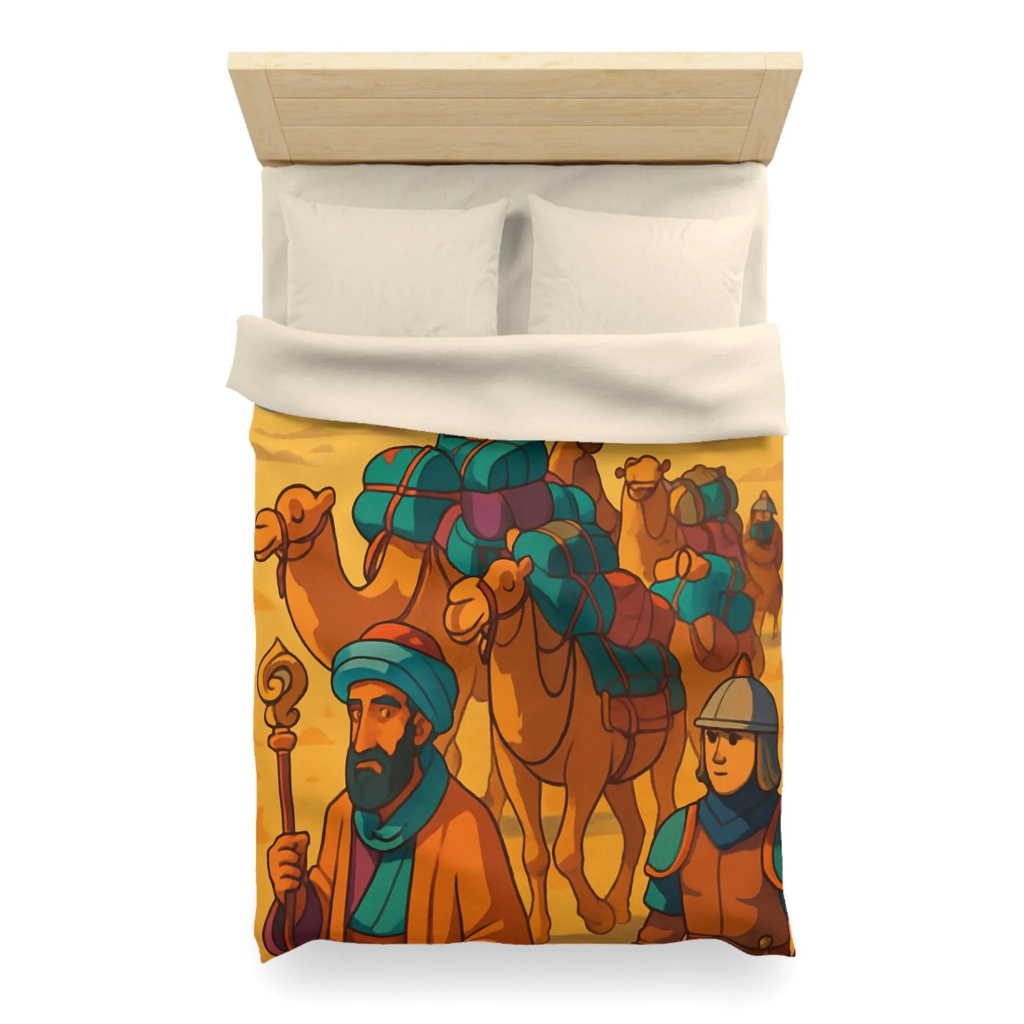 Housse de couette avec caravane de chameaux traversant un désert montagneux en arrière-plan