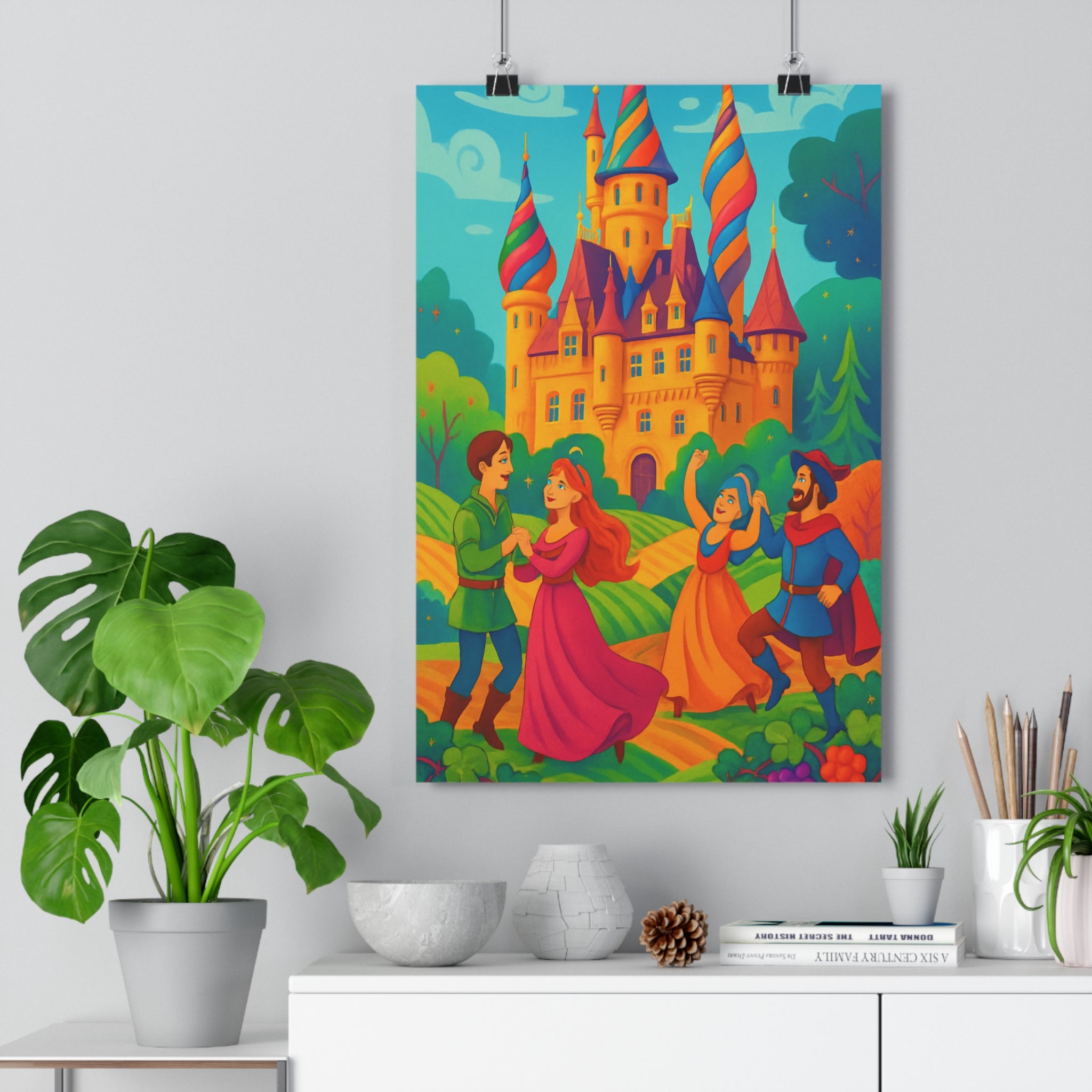 Poster décoratif animé féerique coloré château médiéval personnages joyeux chambre salon paysage 30x46 ambiance