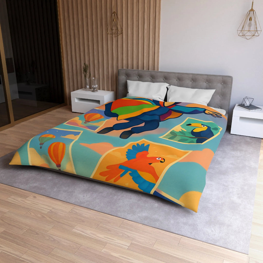 Housse de couette colorée avec motifs d'aventure de montgolfières et oiseaux exotiques