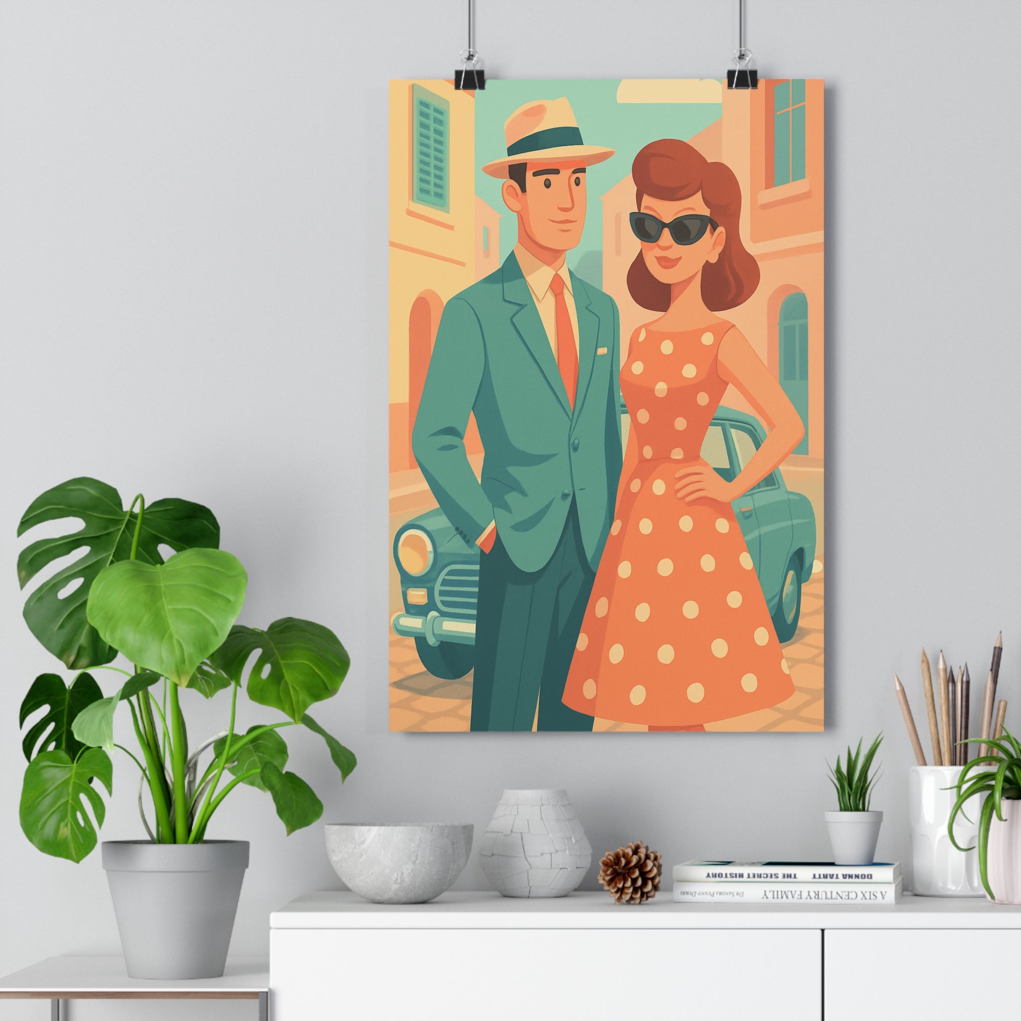 Poster décoratif rétro glamour vintage bleu orange urbain salon élégant artistique coloré vibrant unique