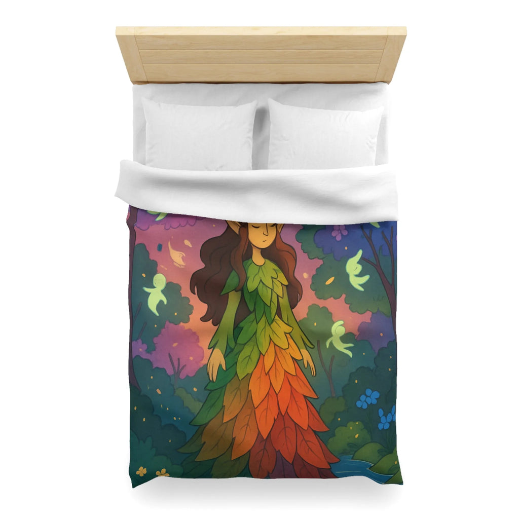 Housse de couette féerique forêt avec créatures lumineuses, design feuilles arc-en-ciel enchanteur