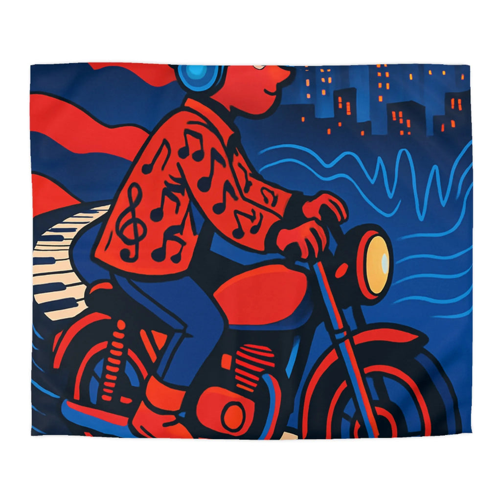 Housse de Couette Design Moderne: Motard Musicien dans Ville Lumineuse et Colorée
