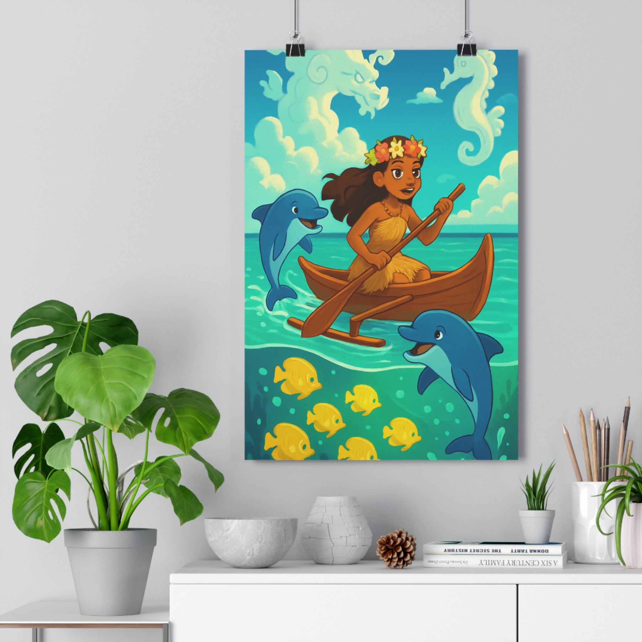 Poster décoratif aventure océan enfant chambre couleurs vives cartoon joyeux mystique dauphins poissons ambiance