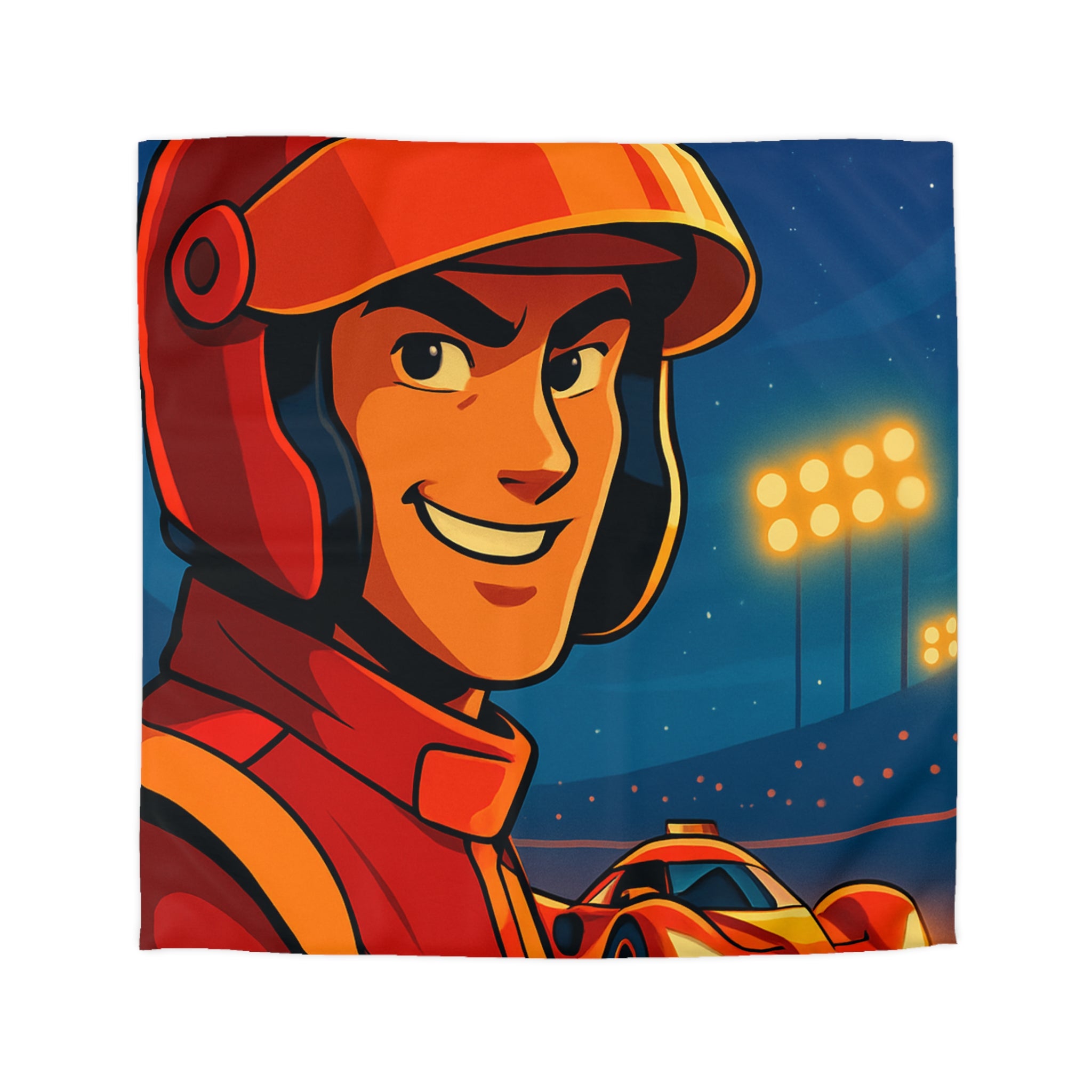 Housse de couette style course automobile avec pilote souriant et voiture rouge rapide