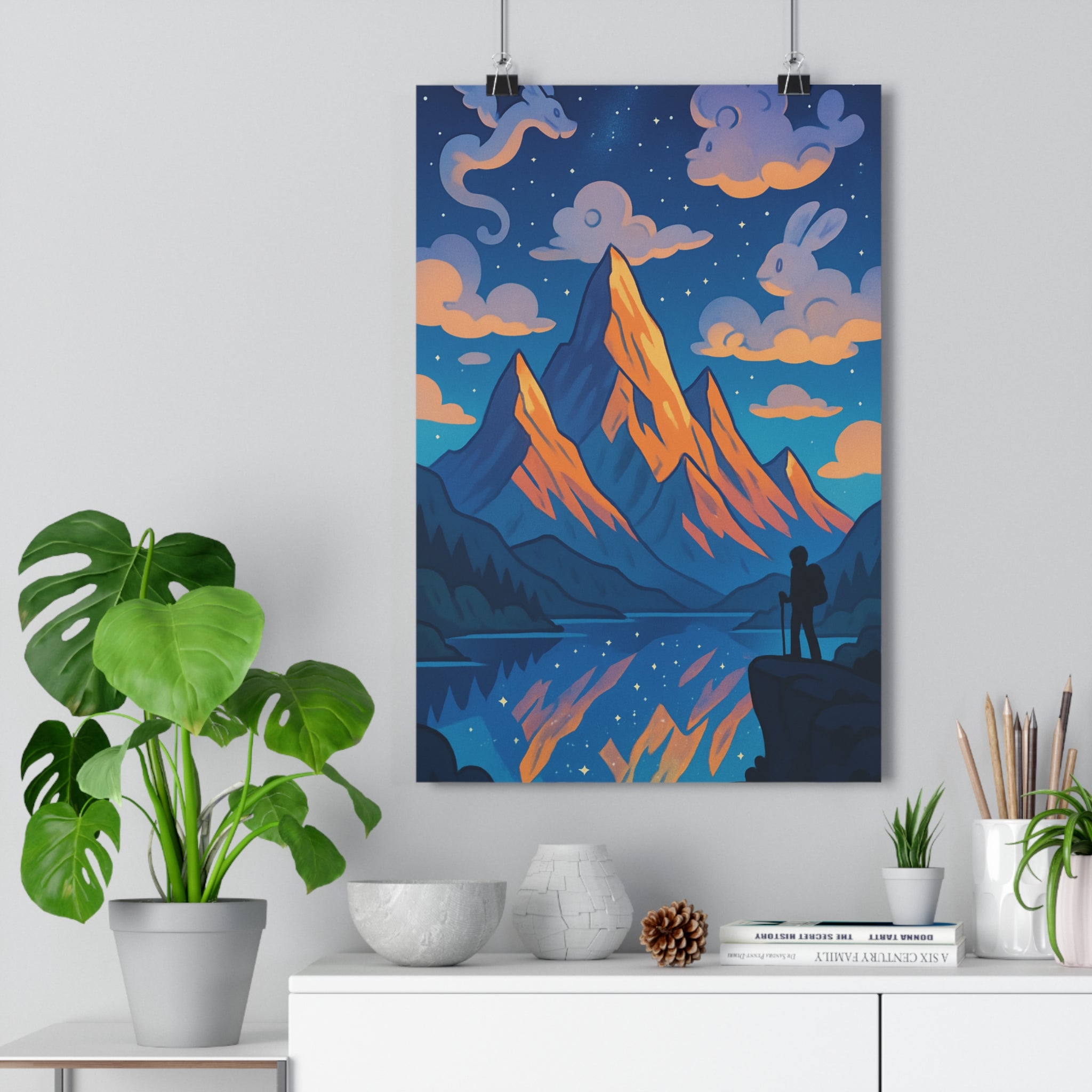Poster décoratif anime bleu blanc paysage montagne ciel étoilé magique salon chambre sérénité 30