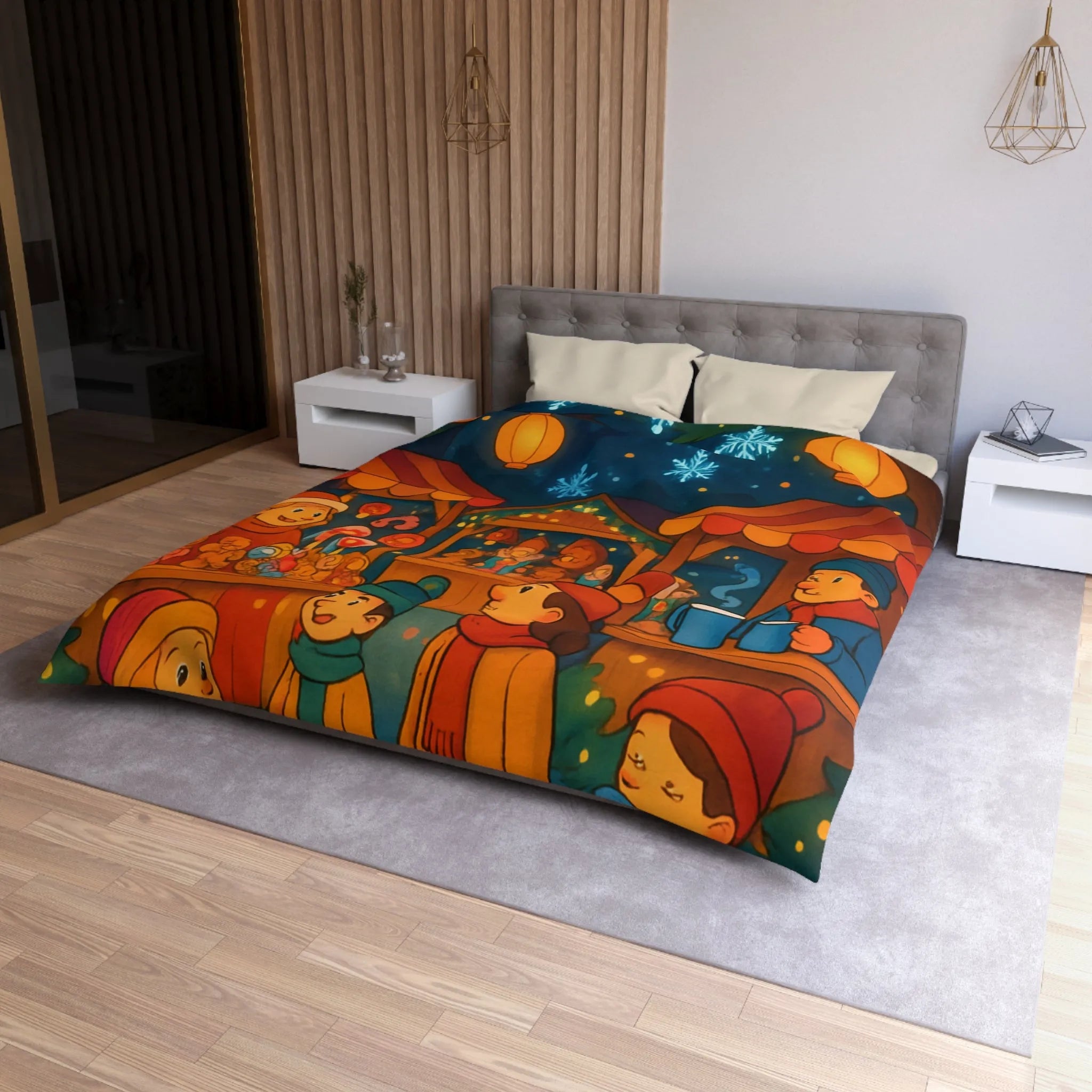 Housse de Couette Enfantine avec Scène Festive de Marché de Noël Illuminé et Joyeux