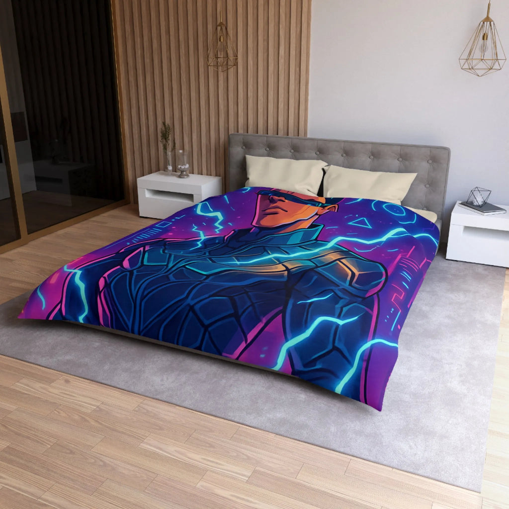 Housse de Couette Futuriste Cyberpunk avec Éclairs Électriques et Design Néon Énergétique