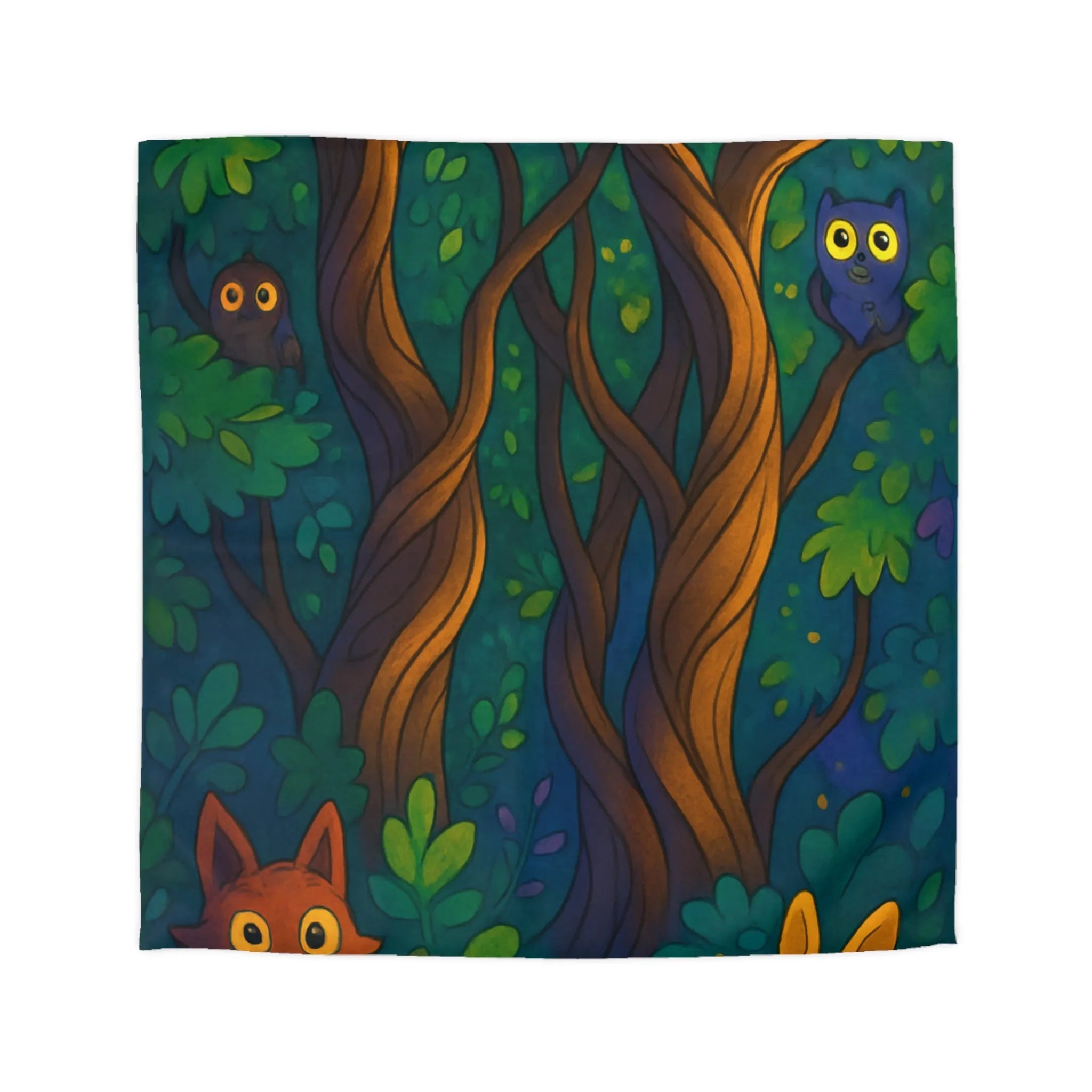 Housse de couette enchantée avec animaux forestiers dans un paysage de nuit magique