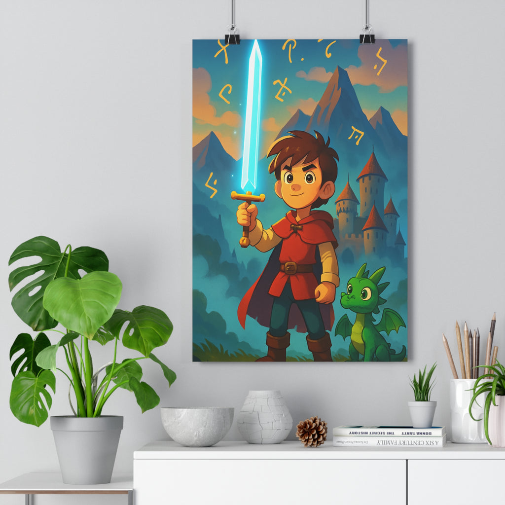Poster décoratif enfant héros épée lumineuse dragon vert château médiéval animé fantastique chambre aventure