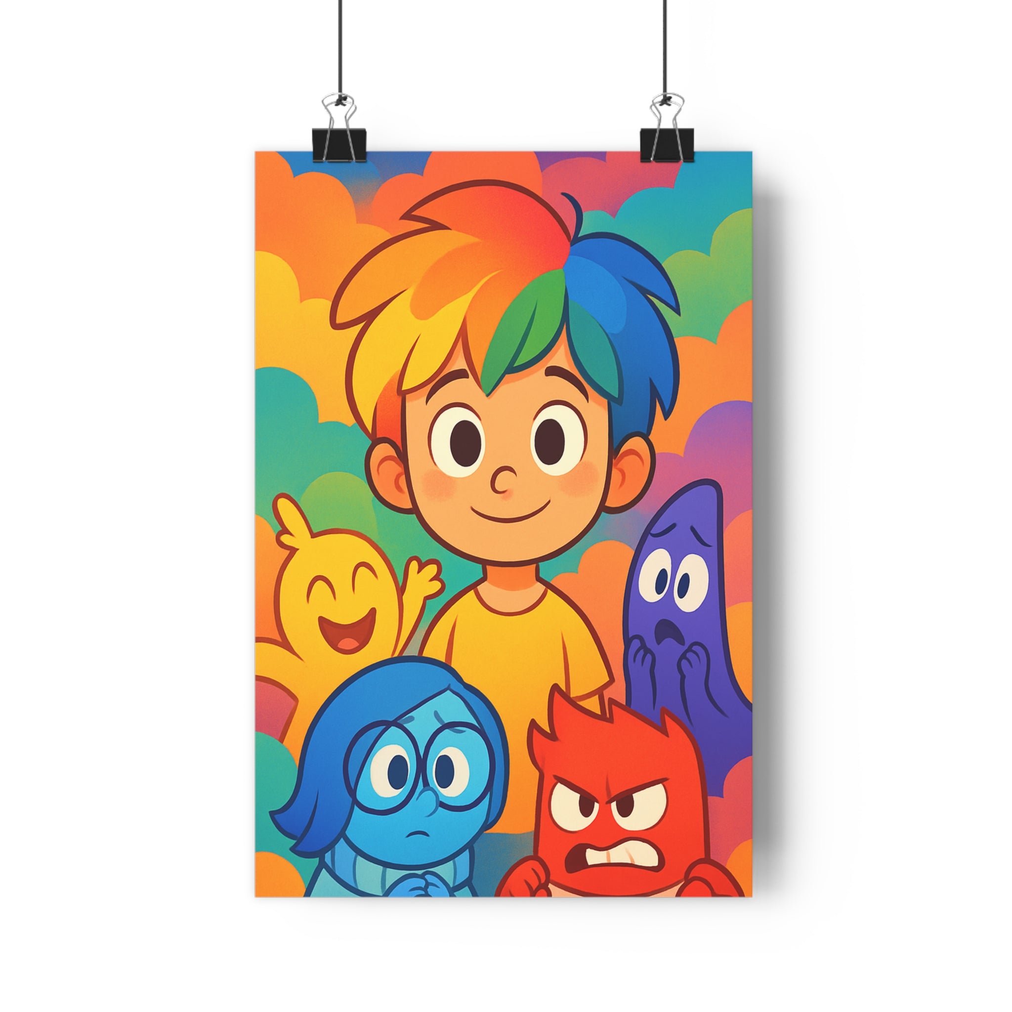 Poster décoratif émotion personnages coloré animé joyeux enfant salon multicolore dynamique vibrant expressif cheveux