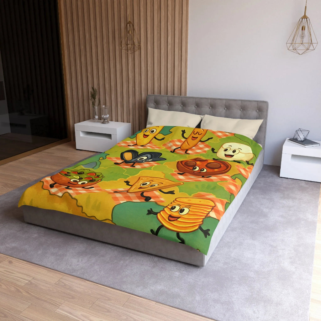 Housse de couette colorée avec motif ludique de spécialités culinaires françaises