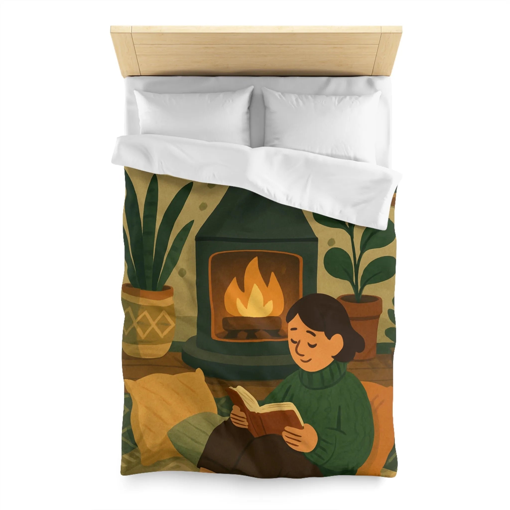 Housse de couette cosy avec cheminée et ambiance hygge, style scandinave relaxant