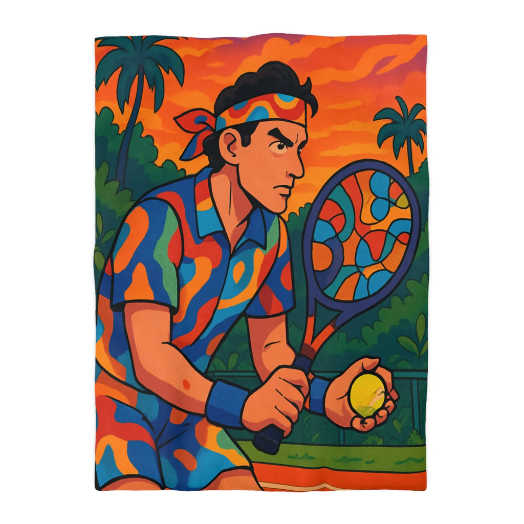 Housse de Couette Colorée Tennis Design Vibrant avec Joueur en Action et Palmiers