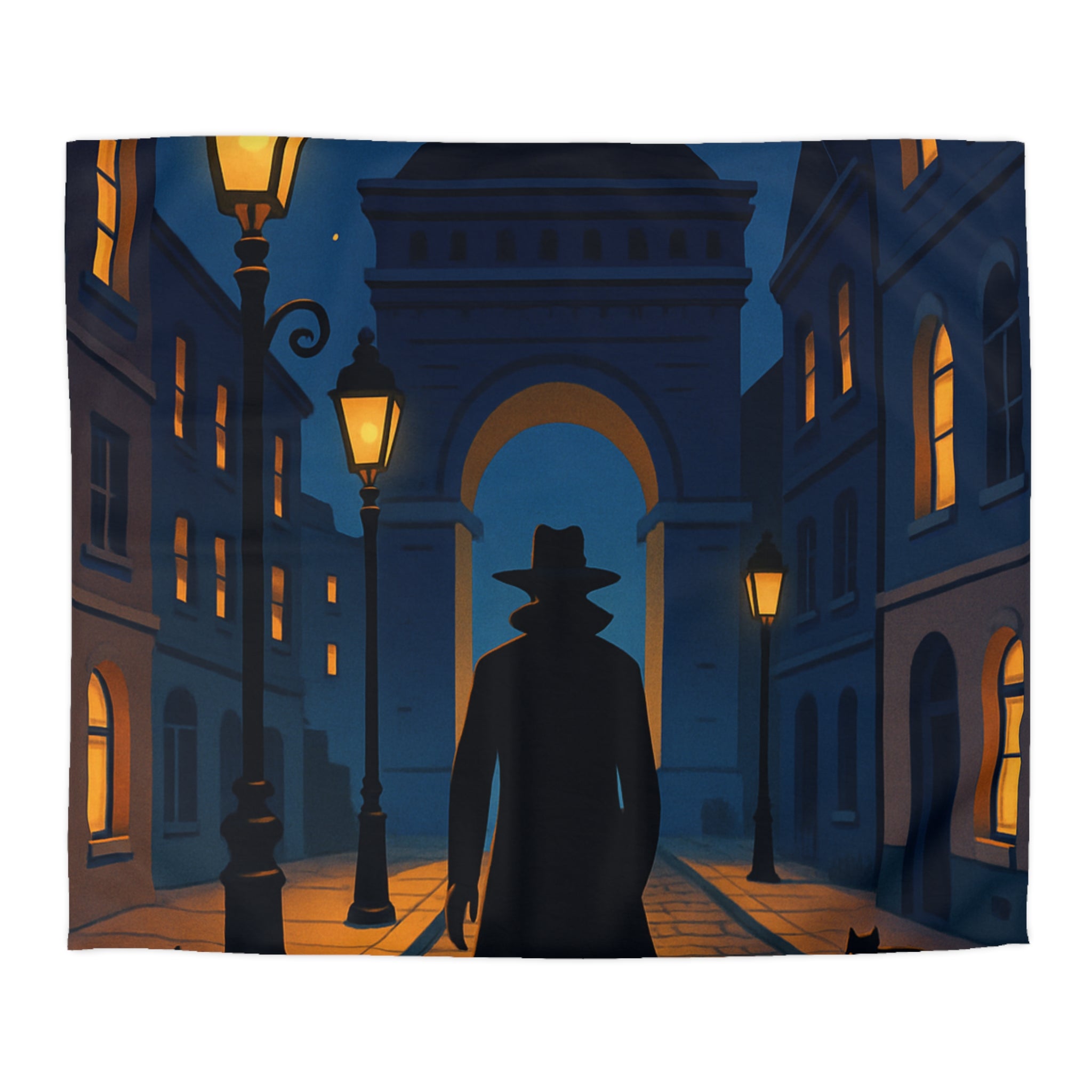 Housse de couette noire mystérieuse, silhouette d'homme avec chats et lampadaires nocturnes