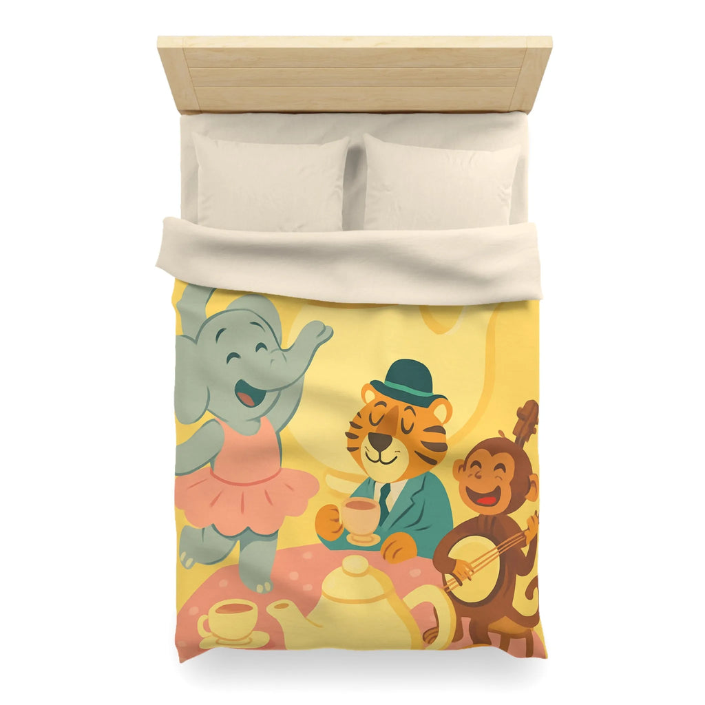 Housse de couette enfantine colorée avec éléphant, tigre et singe en fête joyeuse