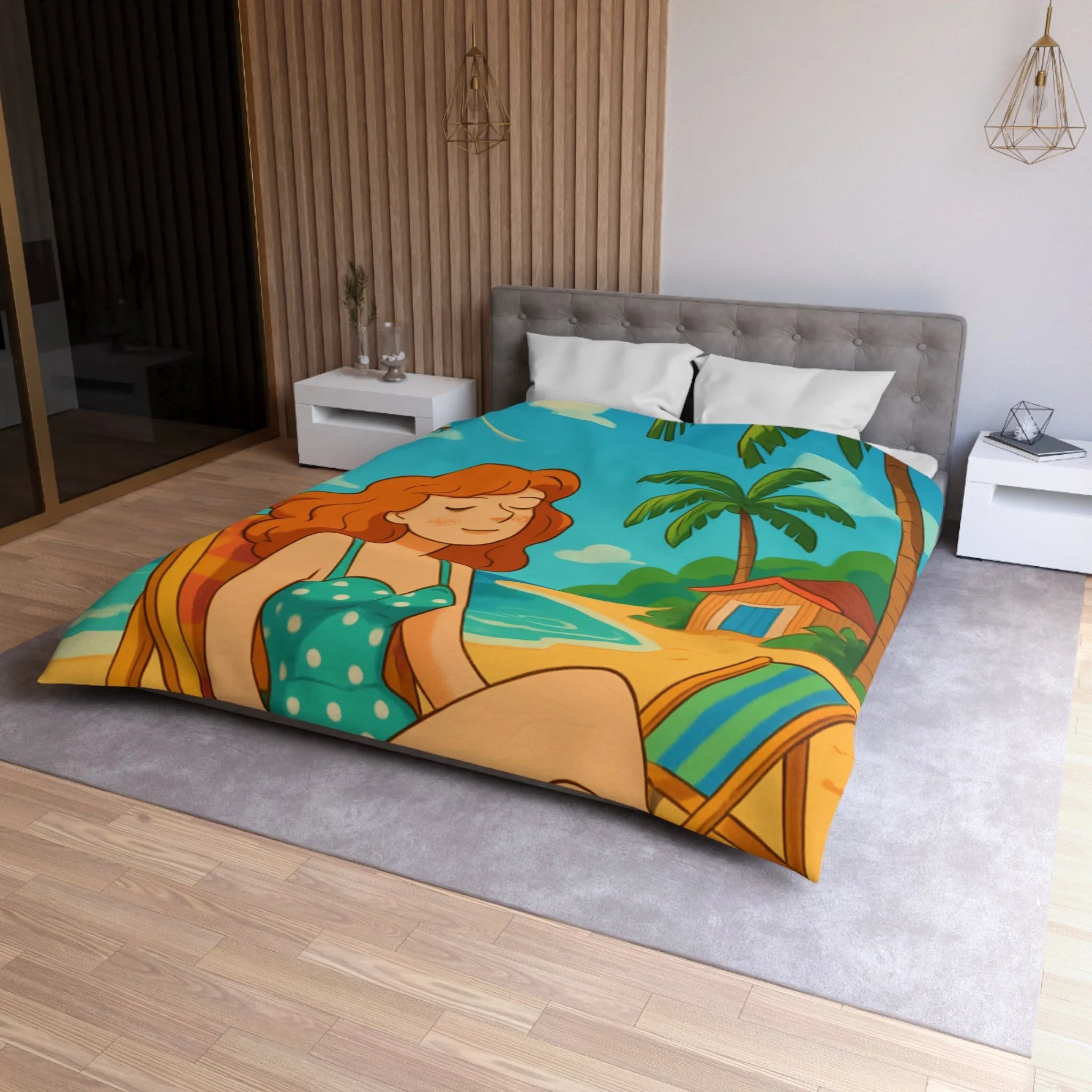 Housse de couette illustrée plage relaxante avec fille et cerf-volant coloré