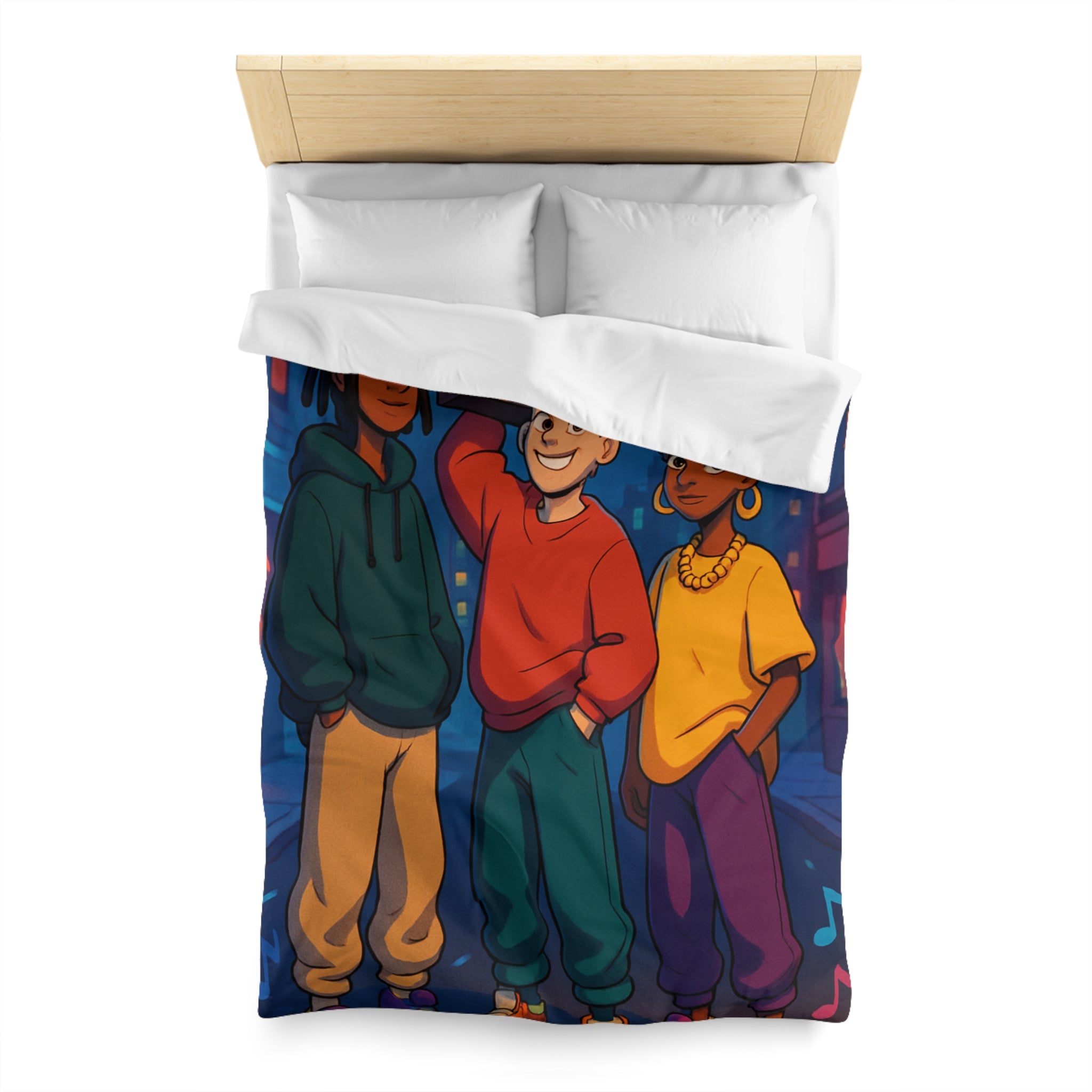 Housse de couette urbaine colorée avec adolescents et radio cassette dans la rue nocturne