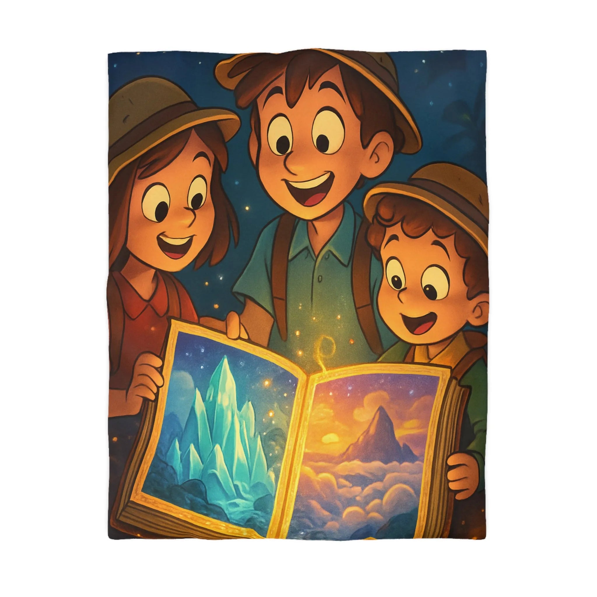 Housse de couette magique avec enfants explorant livre lumineux sous ciel étoilé