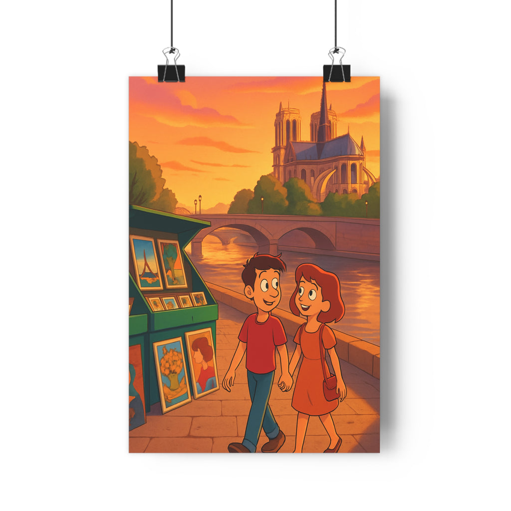 Poster décoratif romantique paris coucher soleil seine chaleureux salon chambre artistique ambiance pittoresque qualité