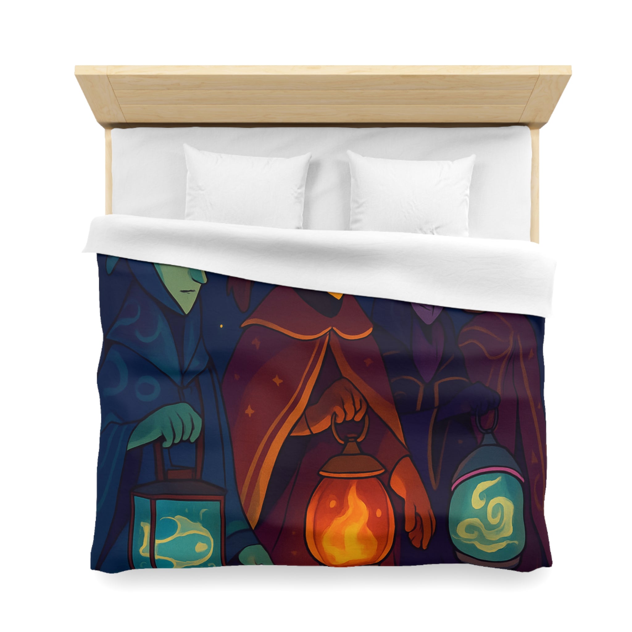 Housse de couette mystérieuse avec personnages masqués et lanternes en forêt étoilée