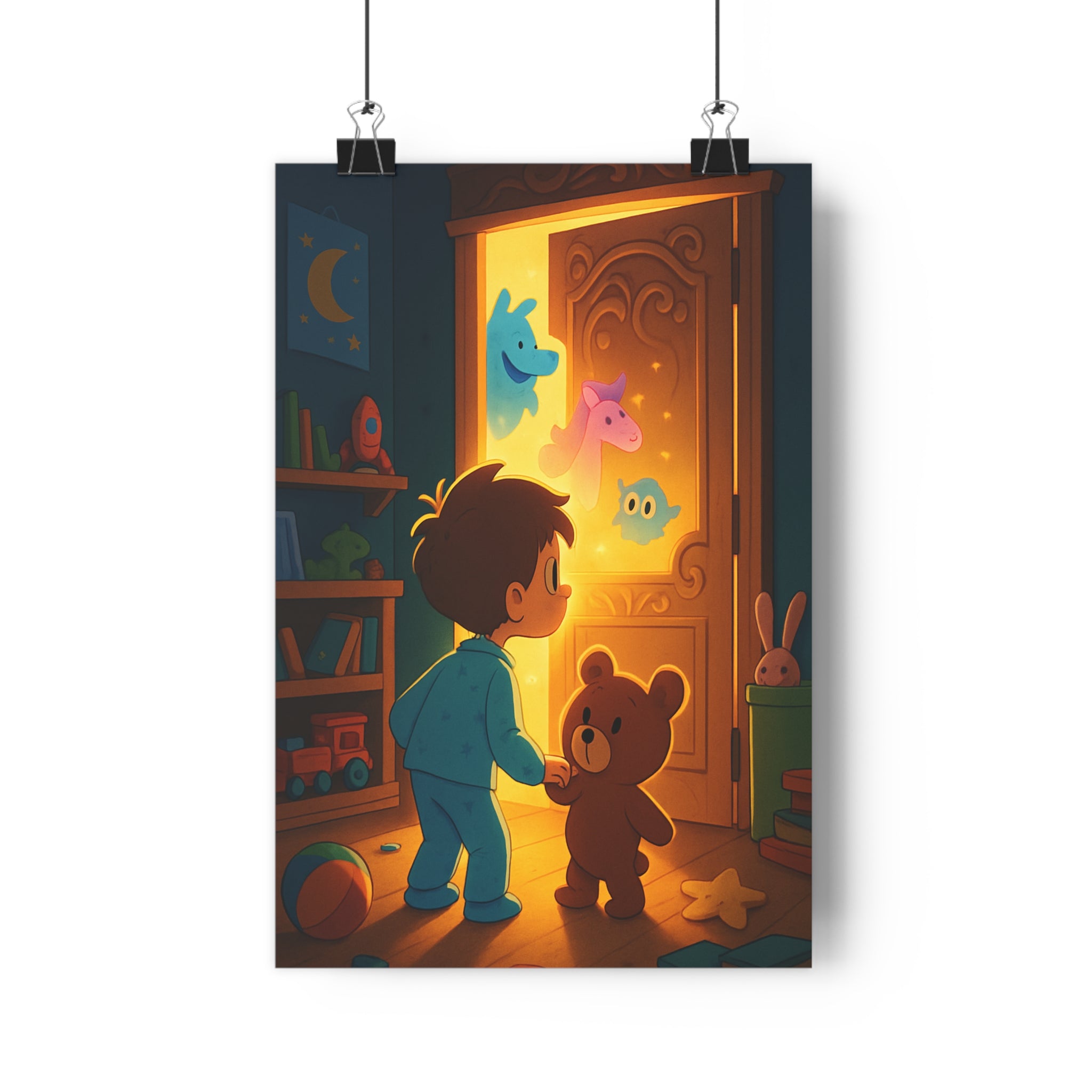 Poster décoratif enfant rêveur magique bleu jaune fantaisie chambre aventure enchantement lumière peluche qualité