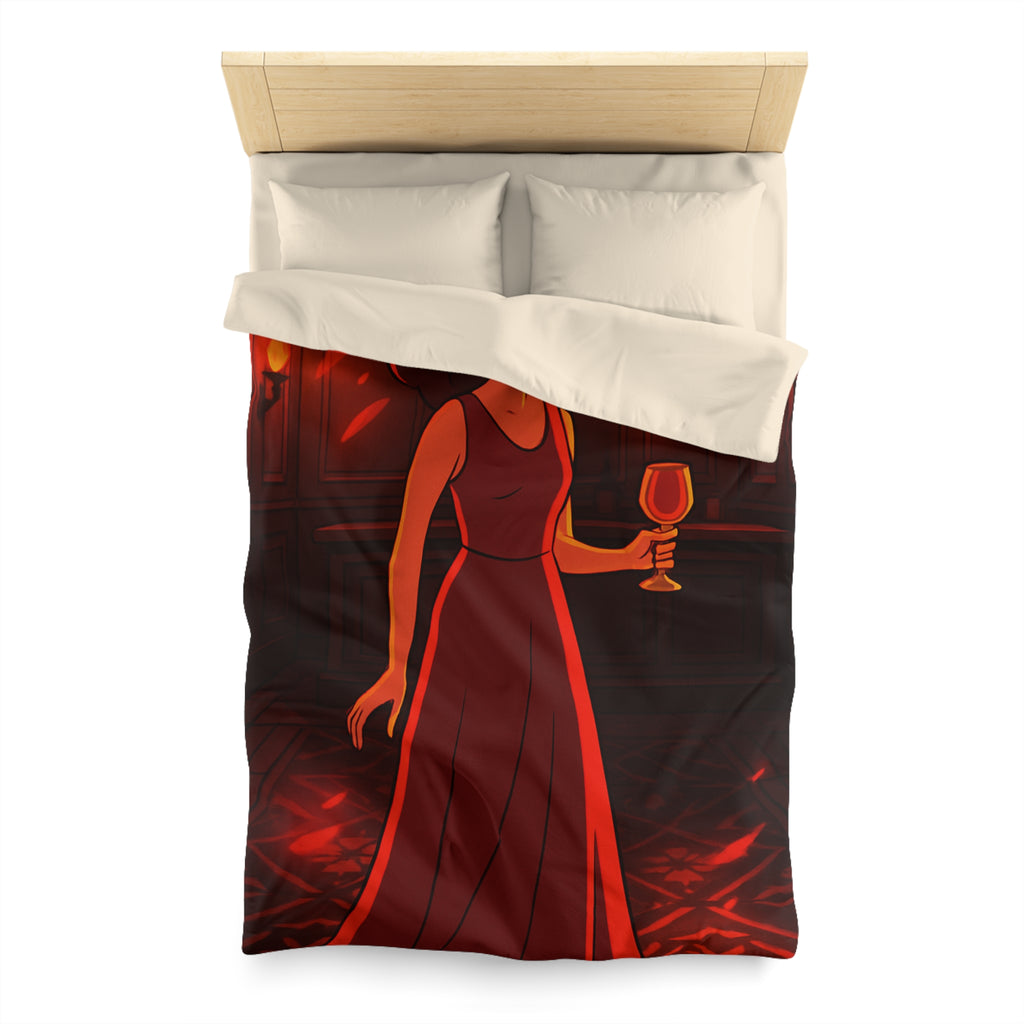 Housse de couette rouge élégante avec motif femme et reflets lumineux mystérieux