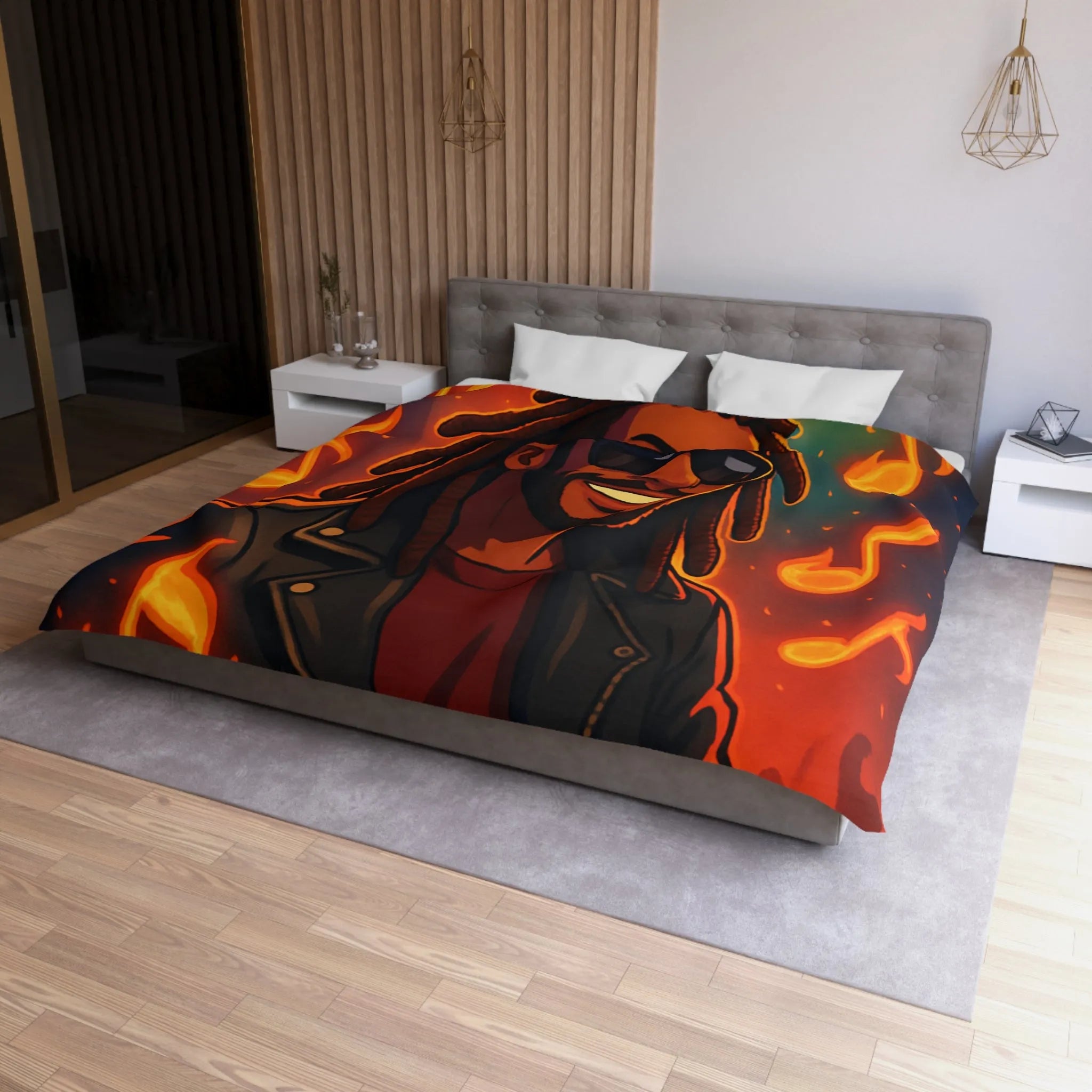 Housse de couette artistique avec musicien animé sous lumières de concert colorées