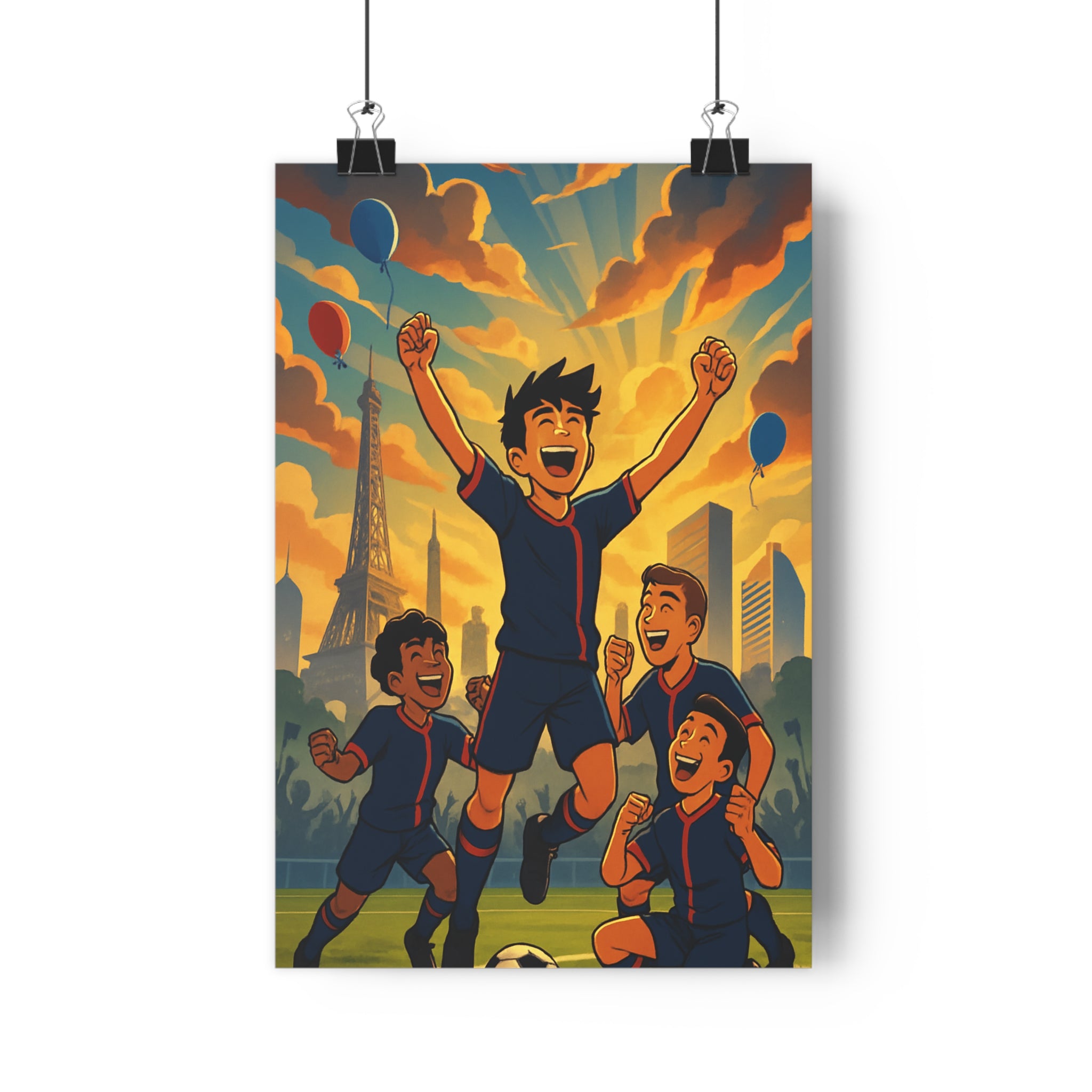 Poster décoratif animé héroïque bleu rouge moderne Paris football salon chambre passion triomphe énergie
