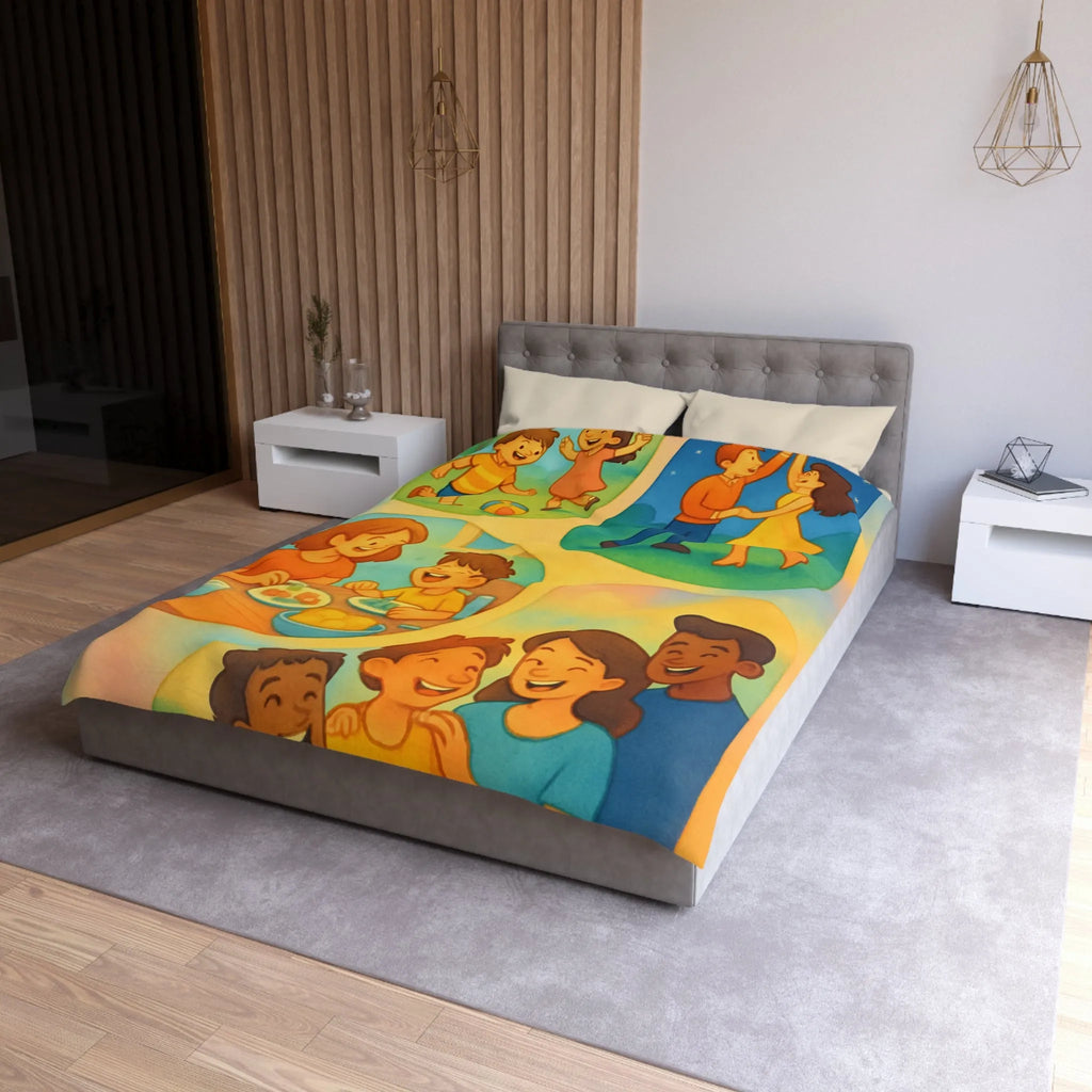 Housse de couette colorée illustrant des scènes joyeuses de la vie quotidienne familiale