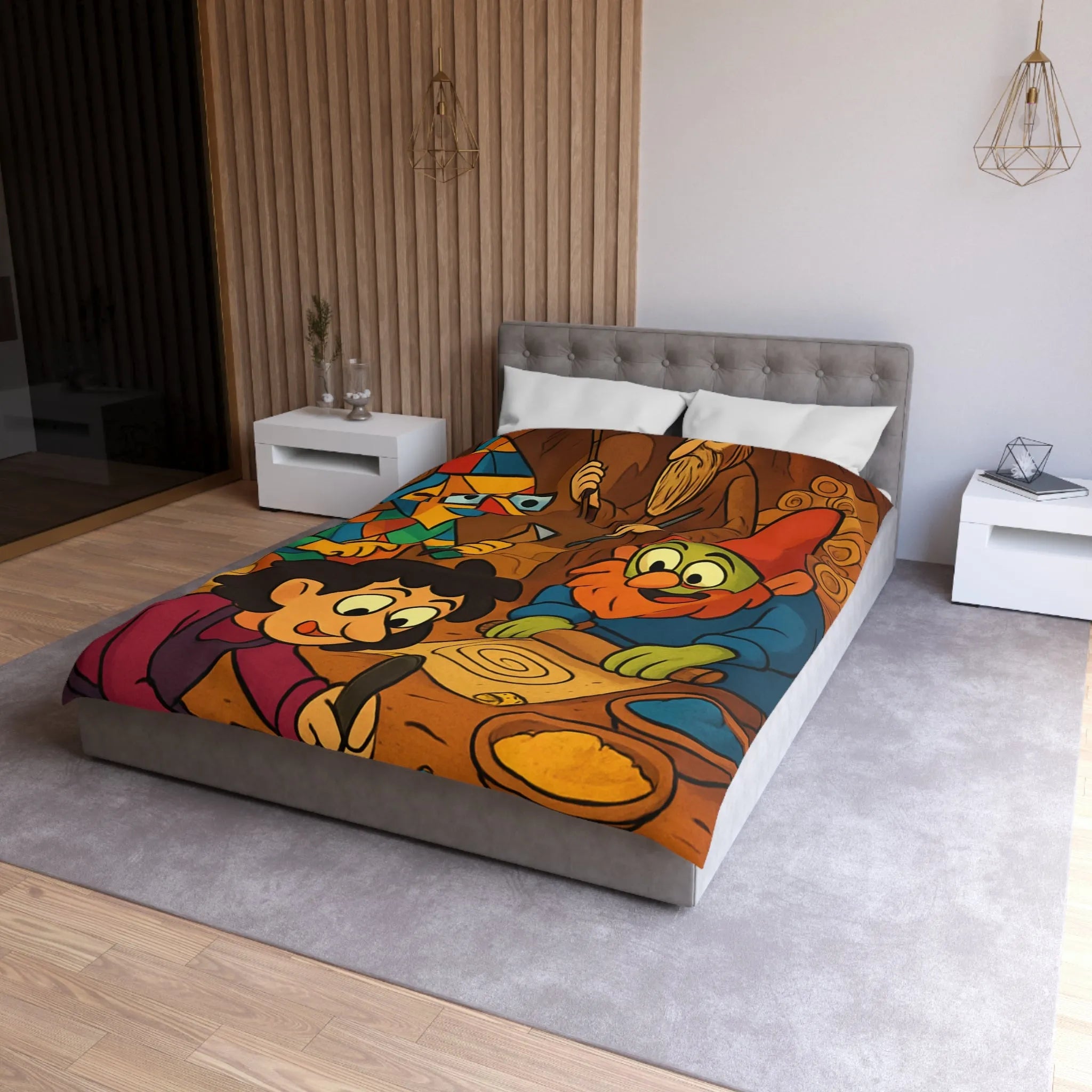 Housse de couette illustrée ambiance atelier fantasy avec gnomes et textures chaleureuses colorées