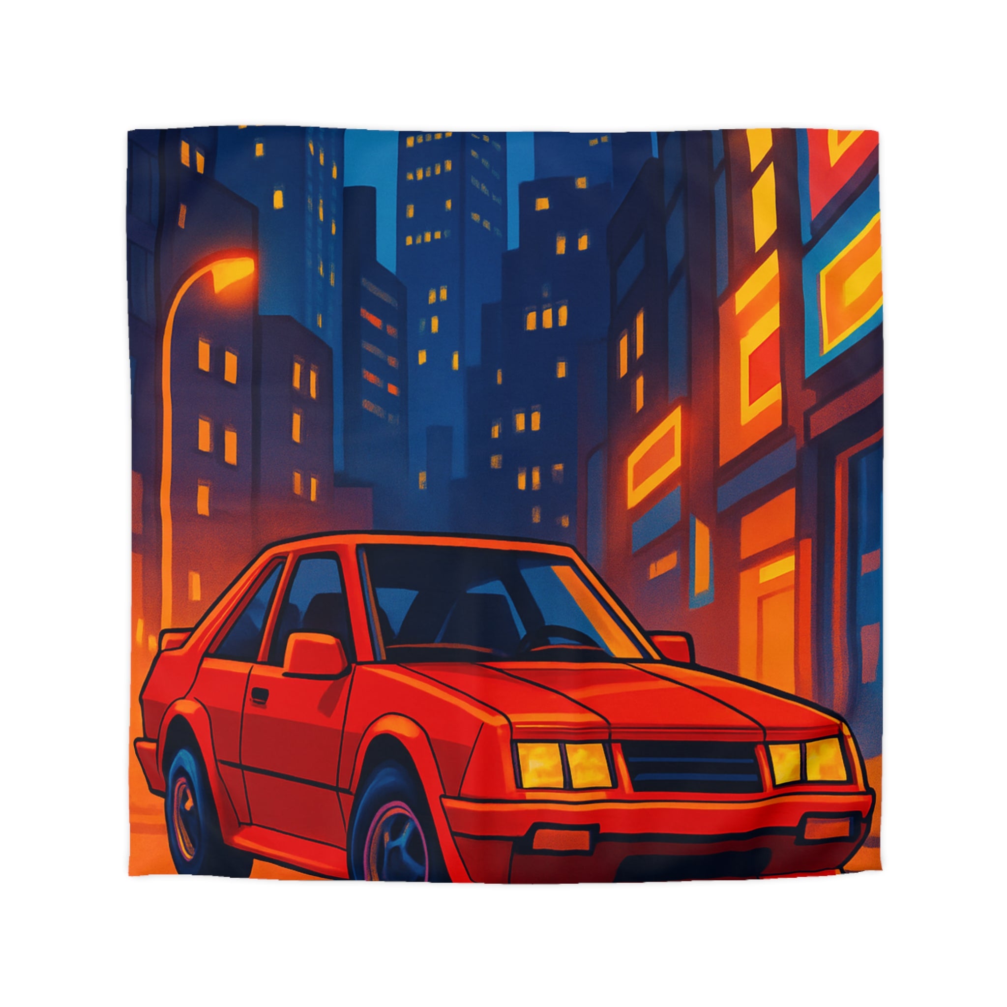 Housse de couette urbaine rétro avec voiture rouge lueur nocturne vibrante