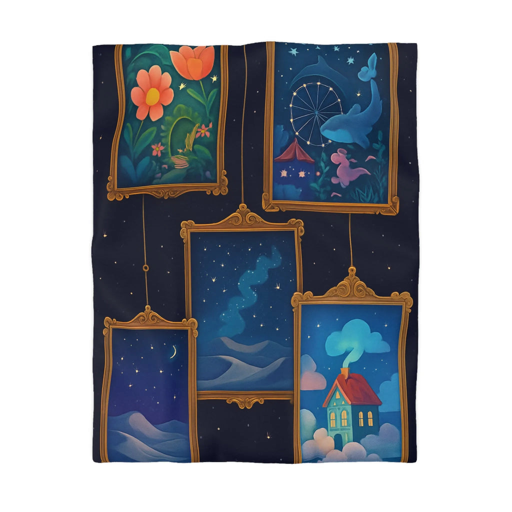 Housse de Couette Artistique avec Paysages de Nuit Étoilée et Fleuri Onirique