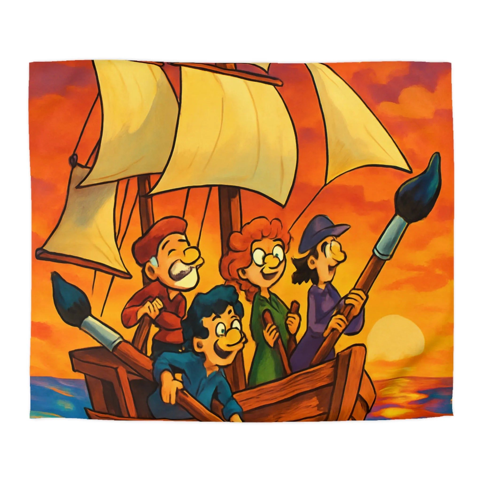 Housse de couette illustrée avec bateau et ciel coloré au coucher du soleil