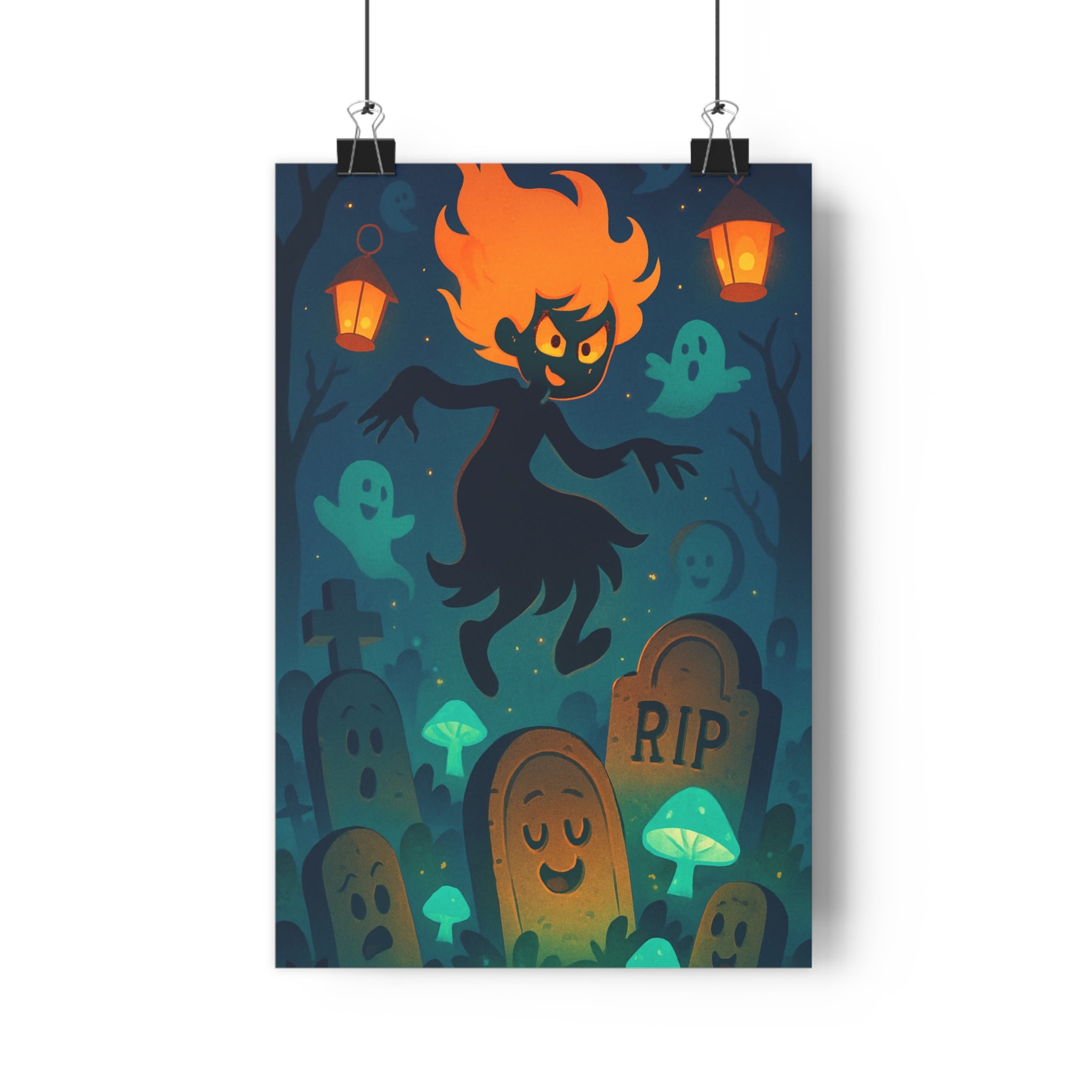 Poster décoratif cartoon nocturne cimetière mystique cheveux flamboyants fantaisie salon chambre enfant contrasté qualité