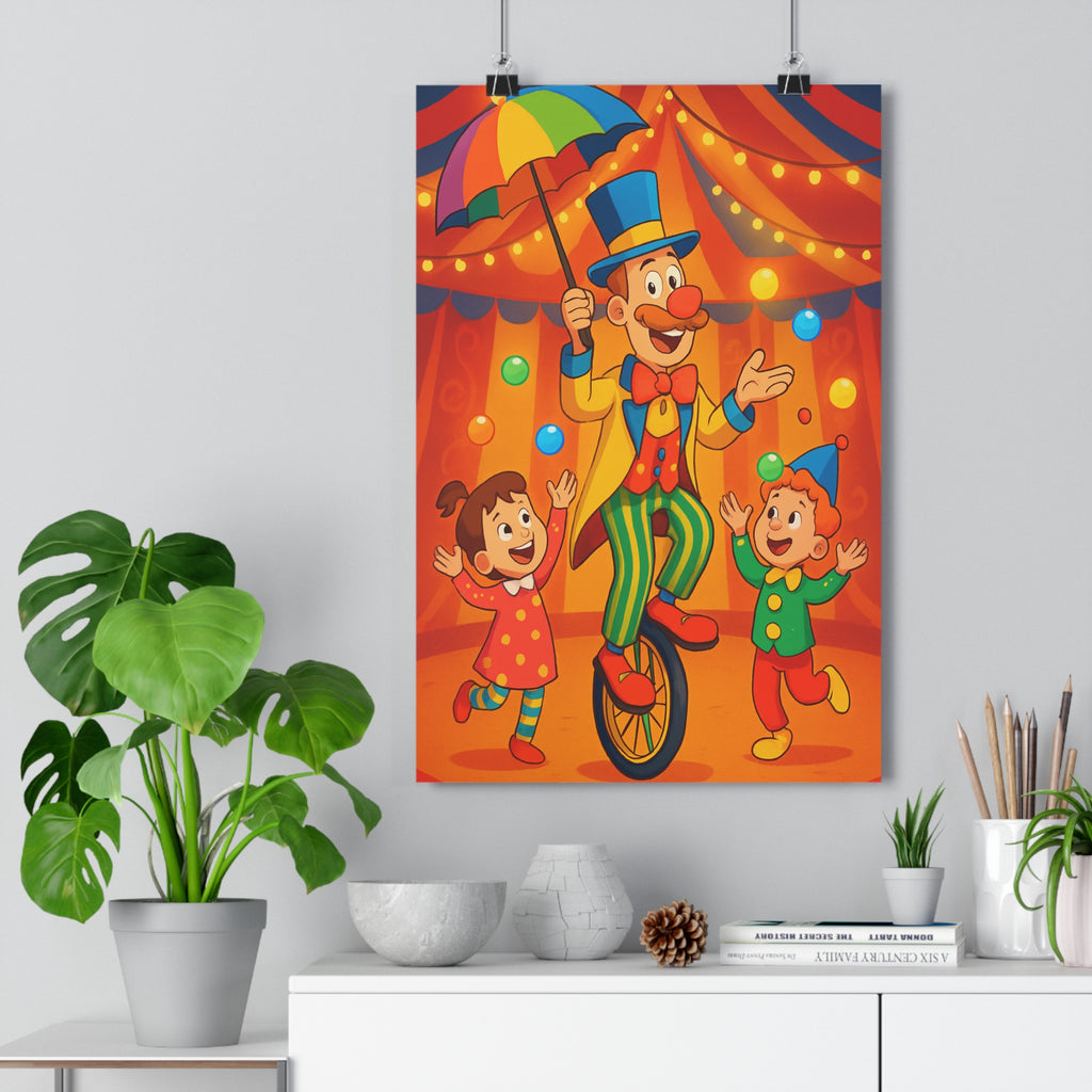 Poster décoratif cartoon coloré joyeux clown enfant orange rouge chambre salon ambiance festive éclatant