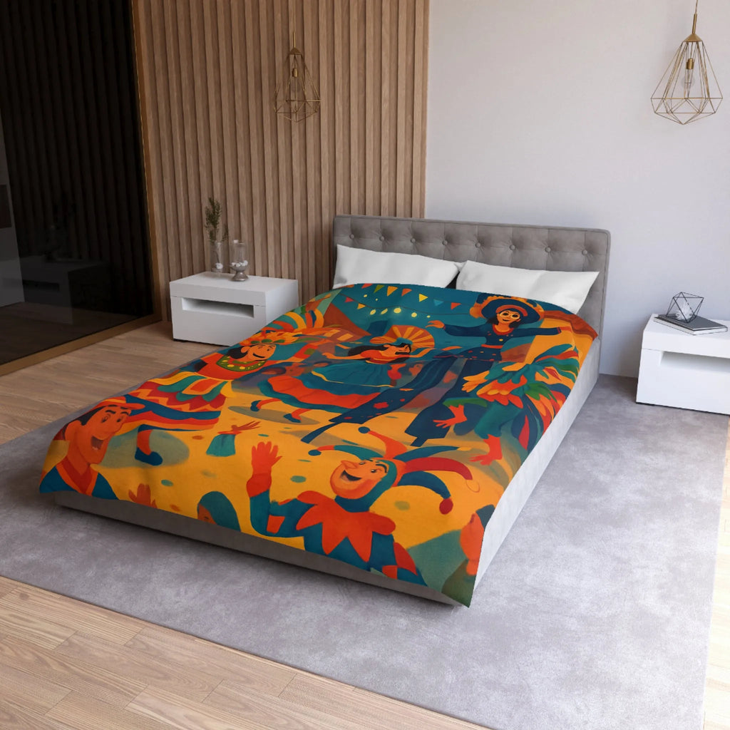 Housse de Couette Colorée Inspirée par Festival avec Danseurs et Éléments Festifs Animés